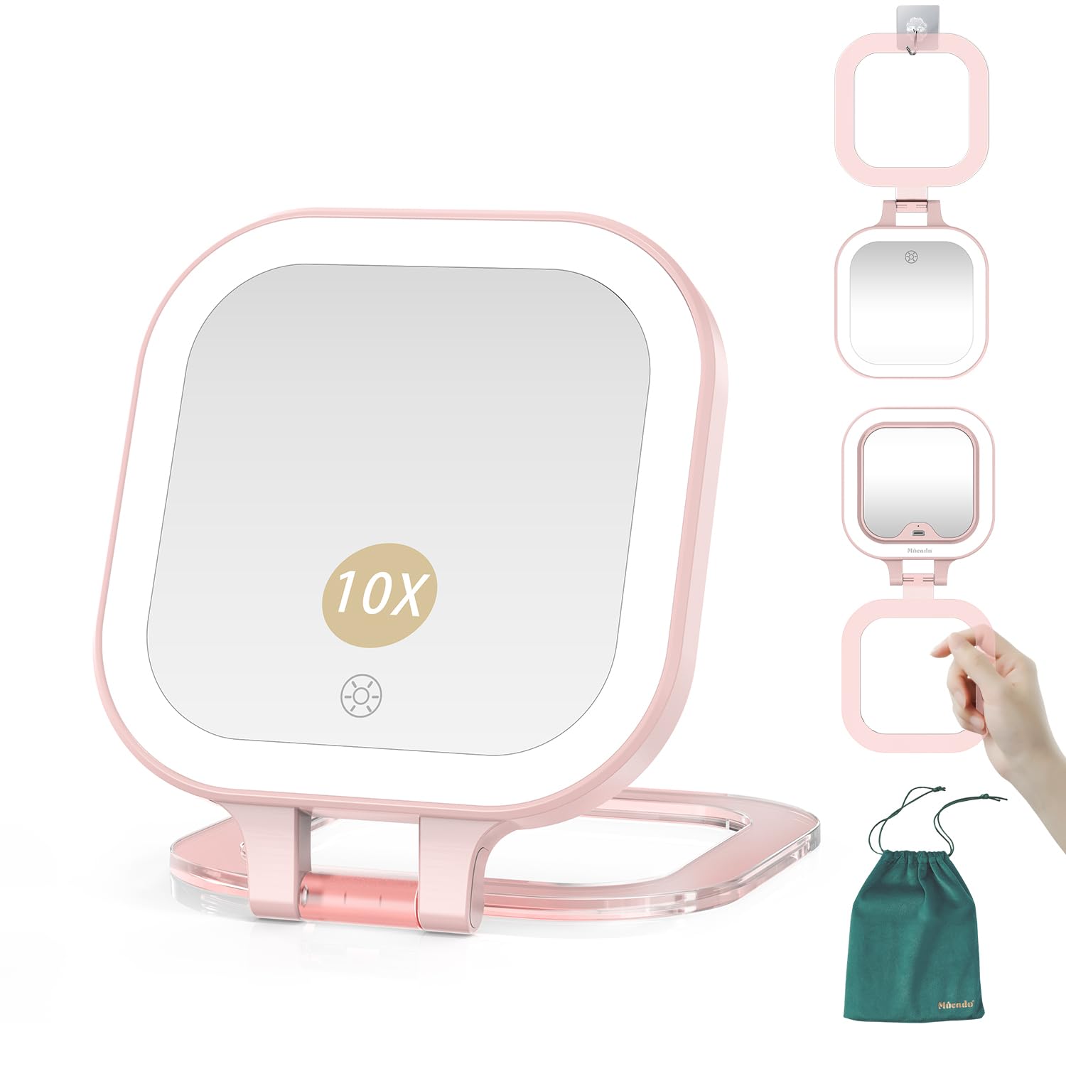 Mocado Compact Travel Makeup Mirror, 1X/10X Magnifying Mirror with Light, Double Sides Compact Mirror with 3 Color Light, Dimmab