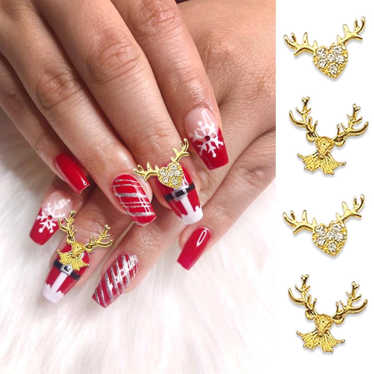 17Pcs Christmas Nail Charms Gold 3D Alloy Reindeer Snowflake Santa Claus Nail Art Charms Shiny Red Green Nail Rhinestones Bling