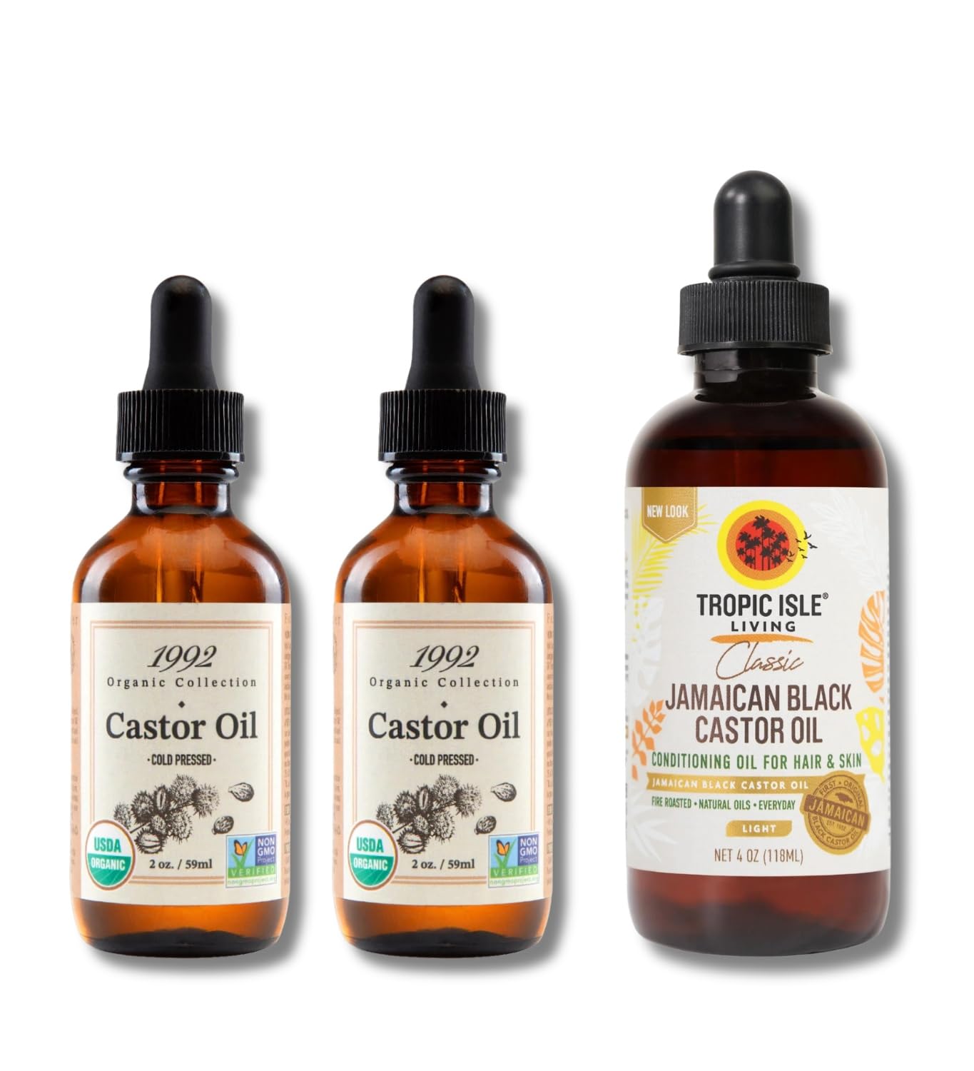 Tropic Isle Living 2x 1992 Organic Collection Castor Oil 2oz/60ml Bundle with Jamaican Black Castor Oil Light Blend 4oz  Nouris