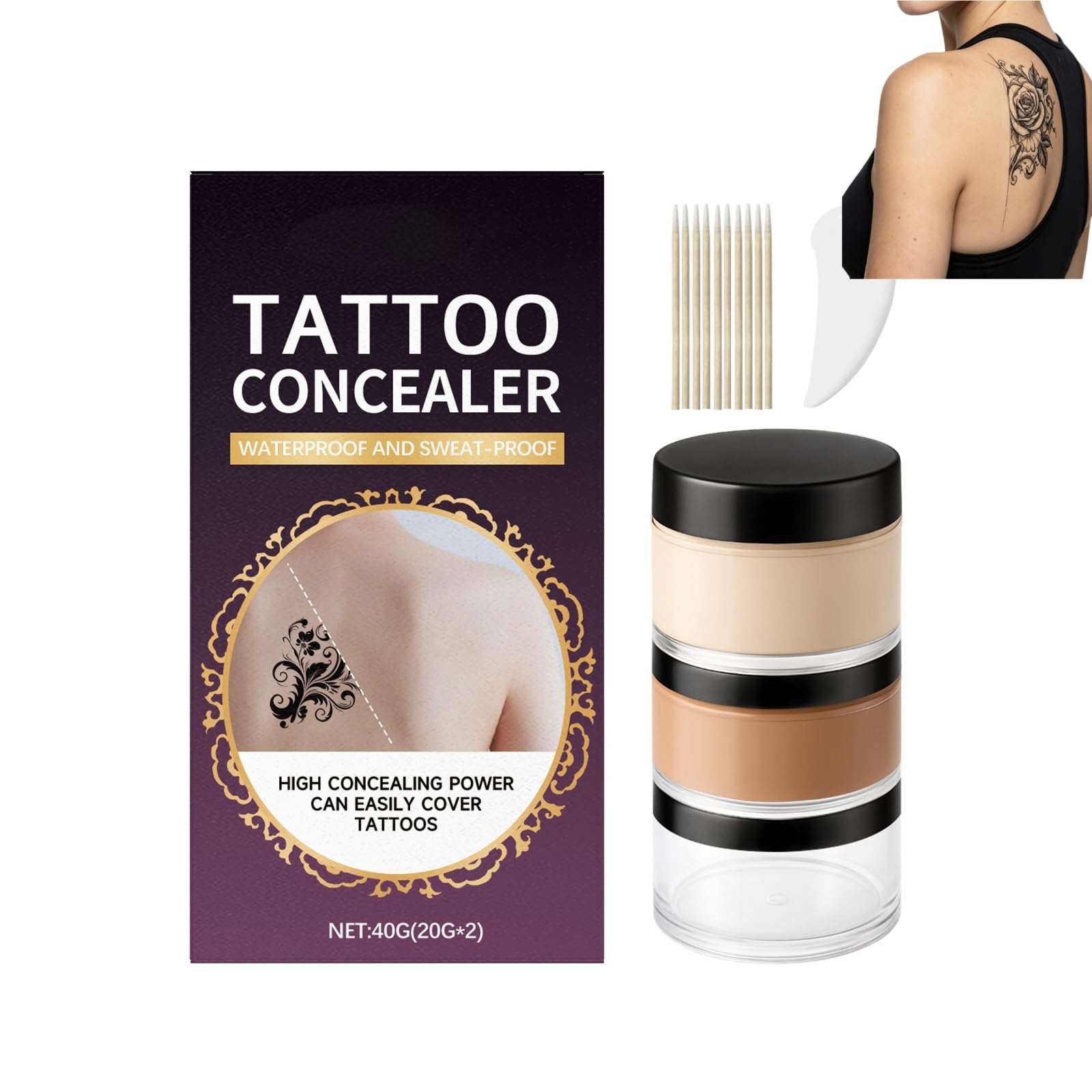 Tattoo Cover Up Concealer, 2Color Waterproof Professional Coverage Kit  Full Coverage Camouflage Cream for Tattoos, Scars & Sk