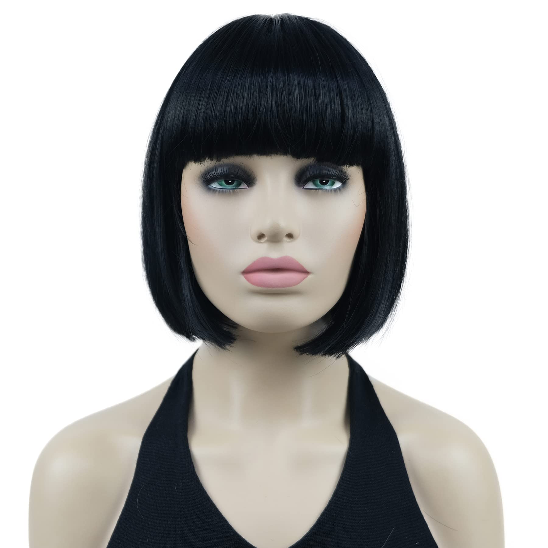 Lydell 8'' Straight Short Bob Hair Flat Bangs Cute Central Dot Skin Top Heat Resistant Synthetic Wigs (Black)