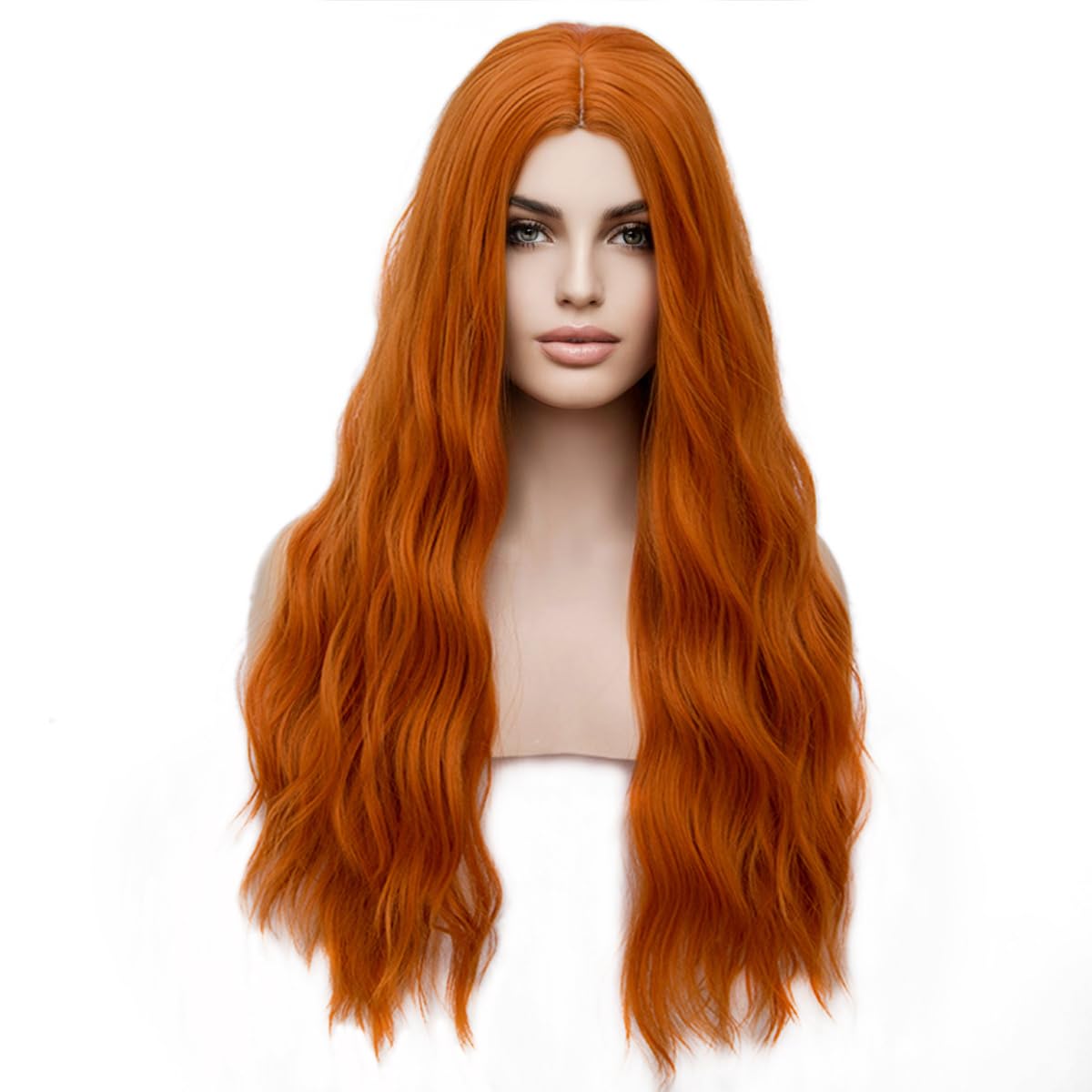 Pattnium 27 Inches Orange Wig Long Wavy Wig Dark Orange Wig For Women Girls Milddle Part Ginger Wig Heat Resistant Synthetic Hai
