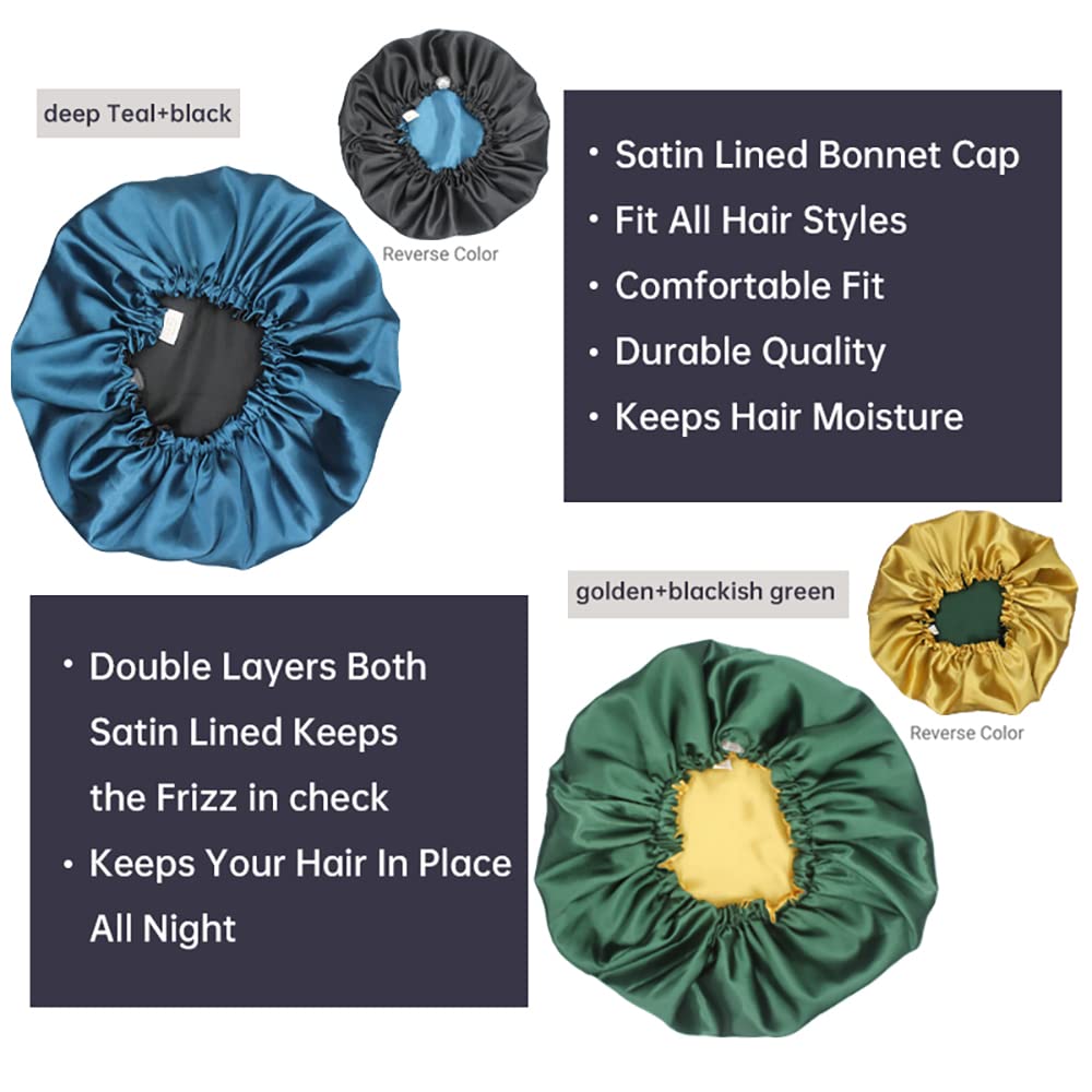 Satin Sleep Cap, Adjustable Satin Cap, Silk Bonnet, Reusable Bath Hair Cap For Night Sleeping Reversible Double Layer 2 Pack (De