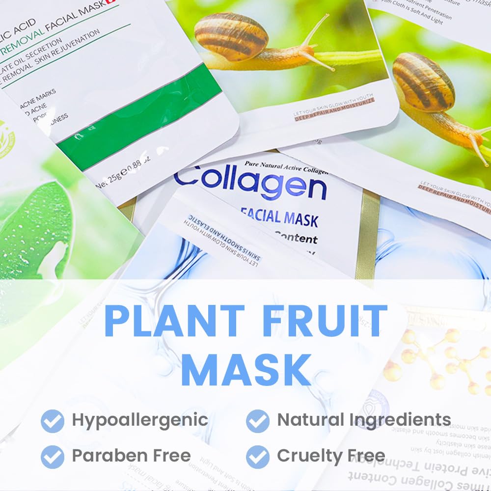 Kaely 10 Pack Variety Sheet Masks,Hydrating Smoothing Face Masks For Women Men,Facial Mask Skin Care Korean,Moisturize,Brighten,
