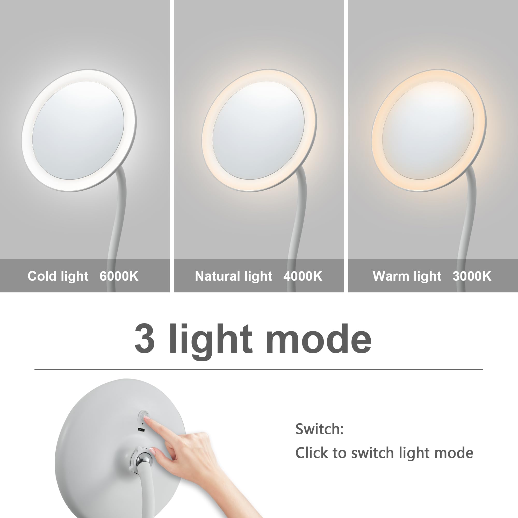 yngtoue 6.5" Clip-on Vanity Makeup Mirror with Light, 5X Magnification, USB Rechargeable, White, Model T03