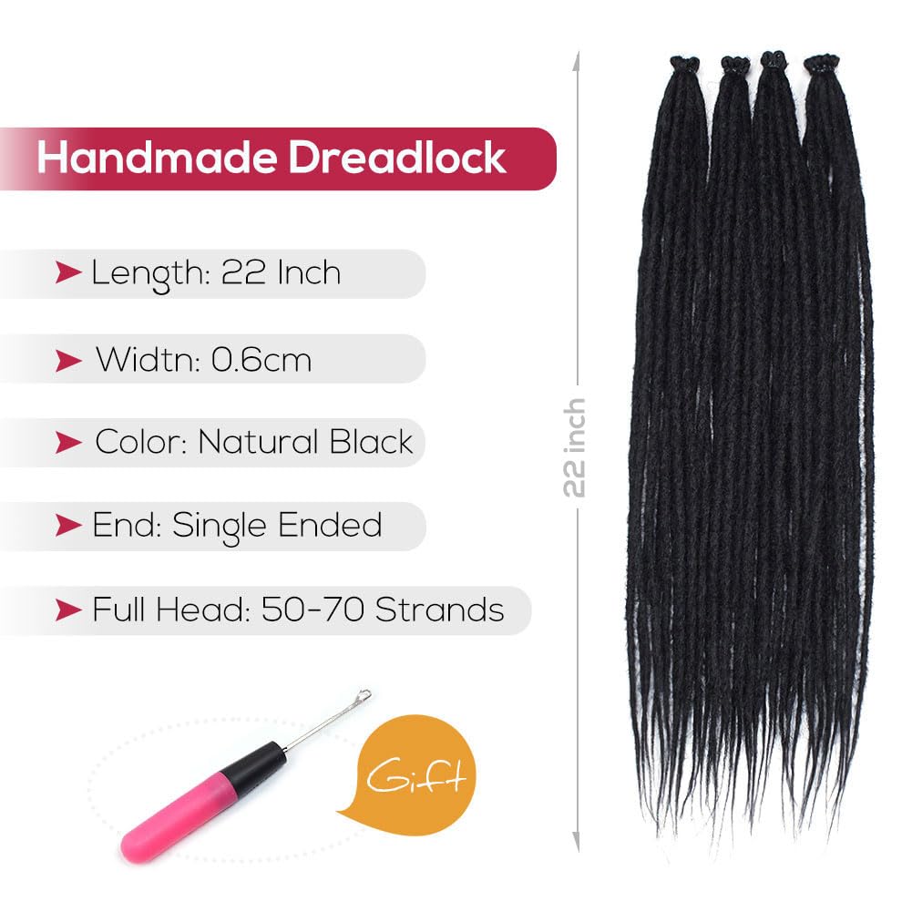 Kraler 22 Inch 40 Strands Dreadlock Extensions, Thin 0.6Cm Width Black Synthetic Crochet Dreads Extensions 100% Handmade Single