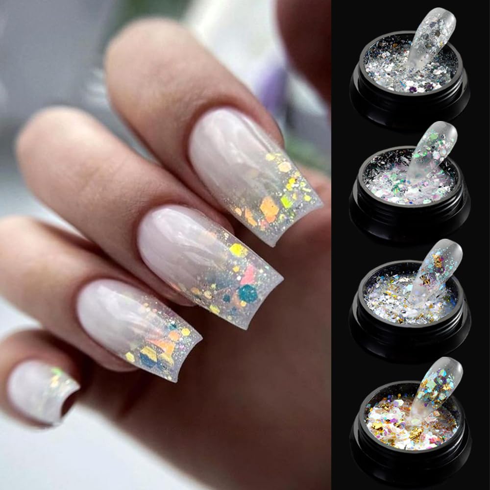 4 Boxes Chameleon Holographic Glitter Nail Art Sequins, Iridescent Mermaid Hexagon Flakes Sparkle Glitters Powder Dust Accessori