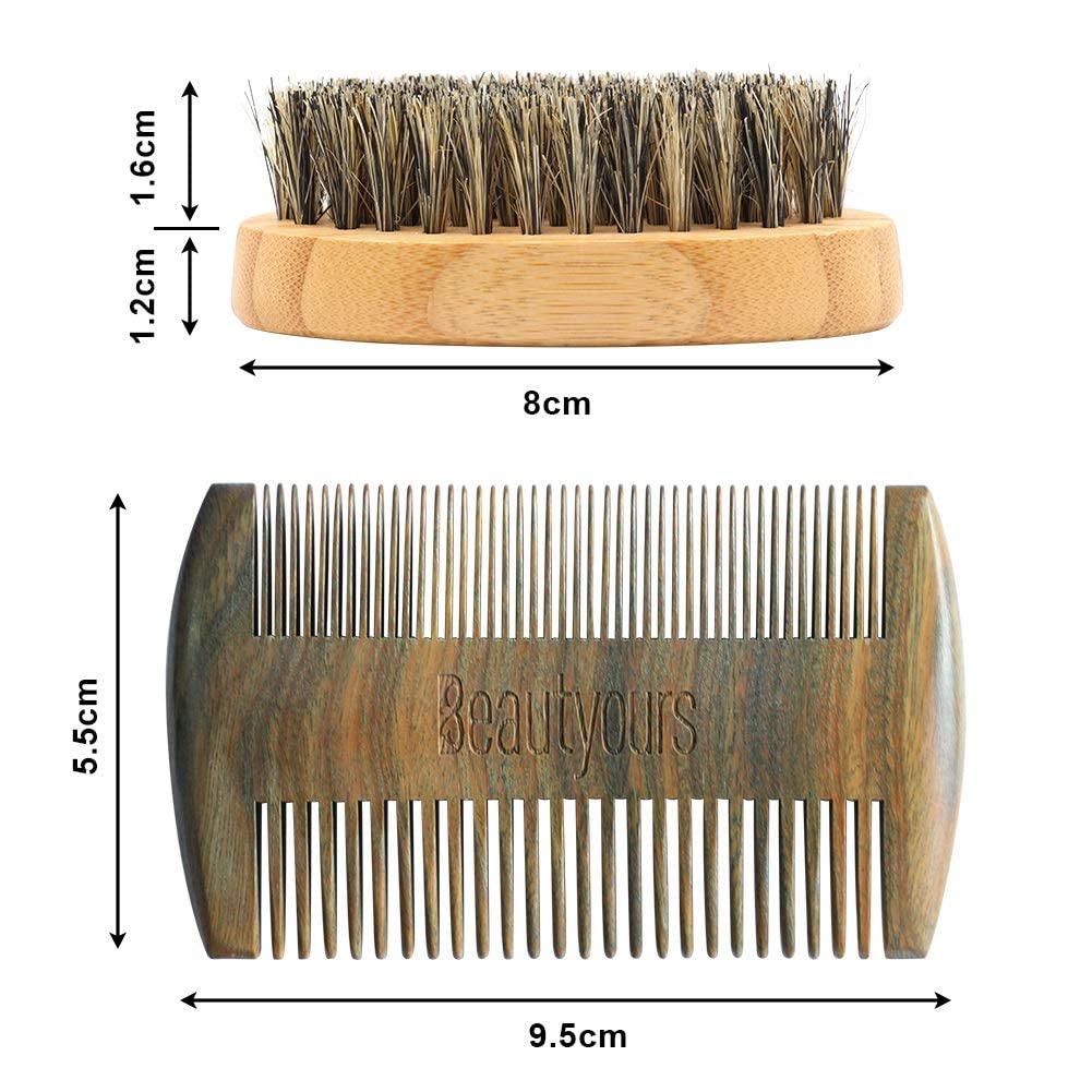 Beard Brush Kit Boar Bristle Brush And Sandalwood Comb With Storage Bag For Men, Fine & Coarse Teeth Dual Brush For Mustache Ant