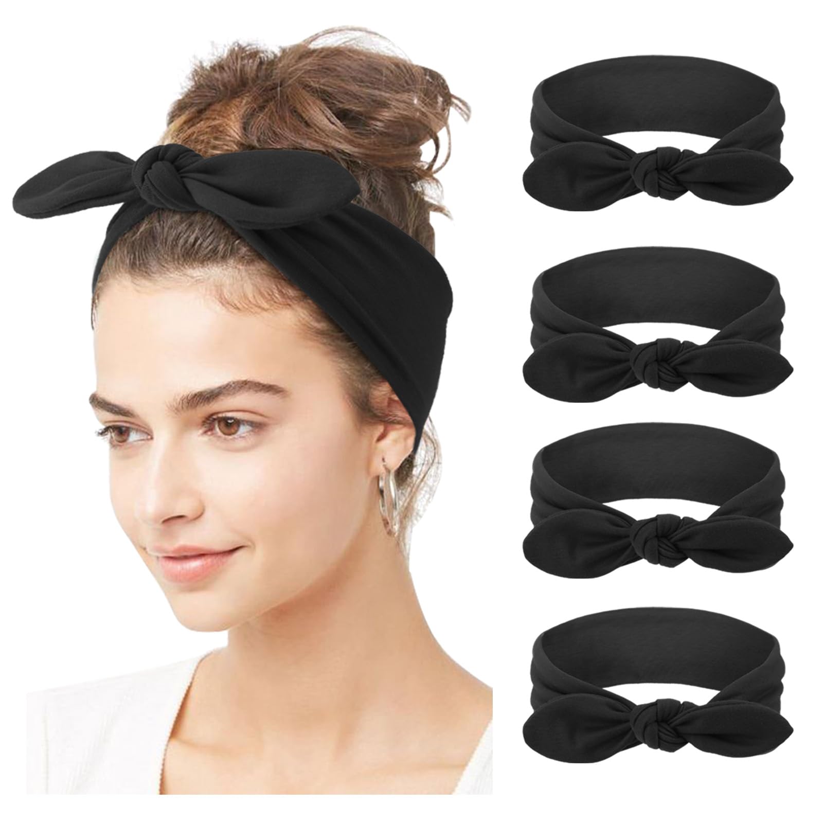 DRESHOW 4 Pack Adjustable Knotted Headbands Non Slip Elastic Yoga Hair Bands Solid Colors Headbands for Women and Girls
