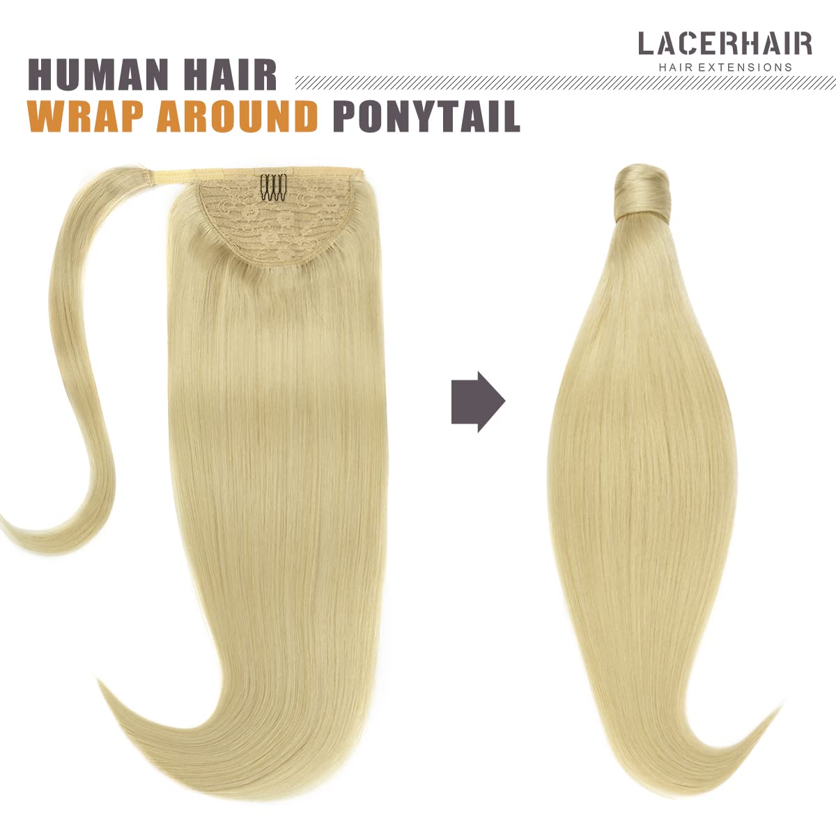 Lacer Wrap Around Ponytail Extension Human Hair Platinum Blonde Real Hair Ponytail Extension One Piece Silky Straight 70 Grams 1
