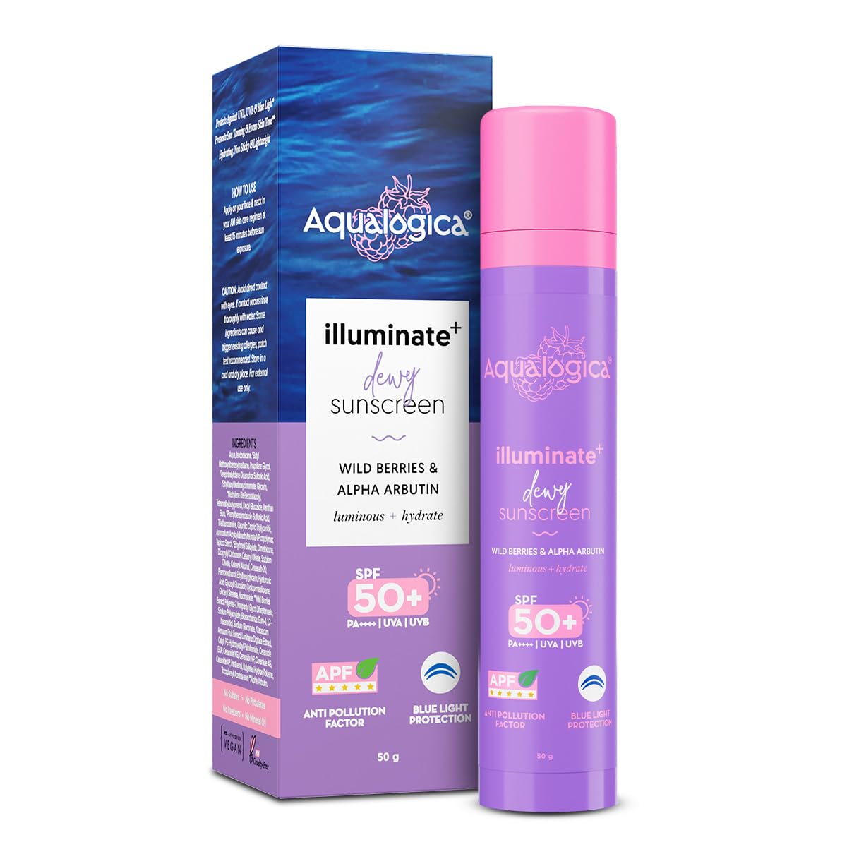 Aqualogica lluminate+ Dewy All Skin Type Sunscreen Spf 50+ Pa++++ With Wild Berries&Alpha Arbutin - 50 G