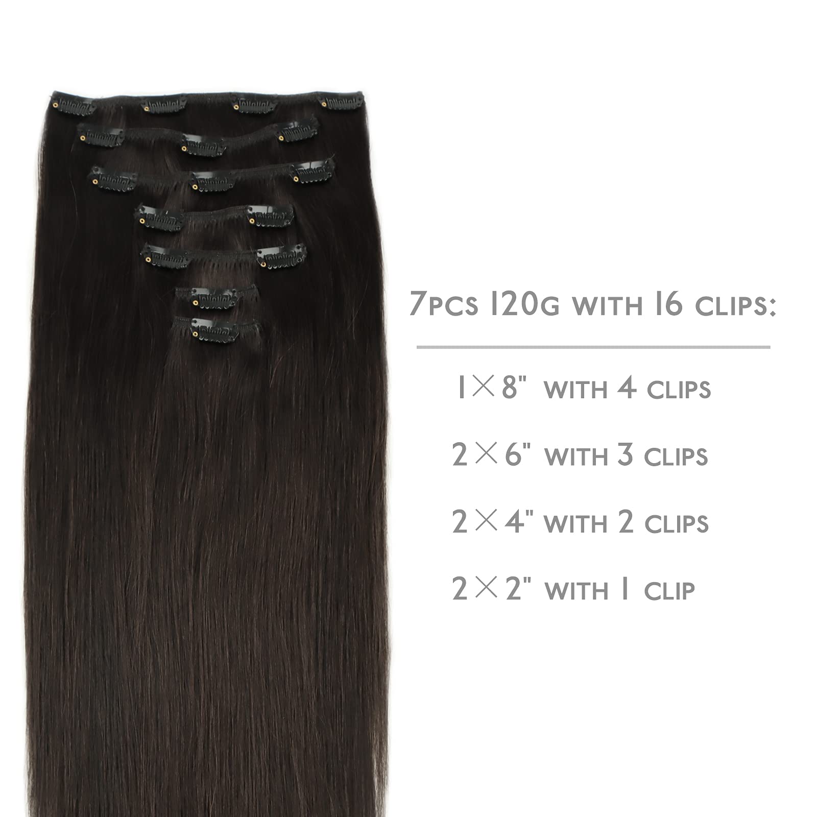 WENNALIFE Clip in Human Hair Extensions, 16 Inch 120g 7pcs Dark Brown Hair Extensions Clip In Human Hair Remy Clip in Hair Exten