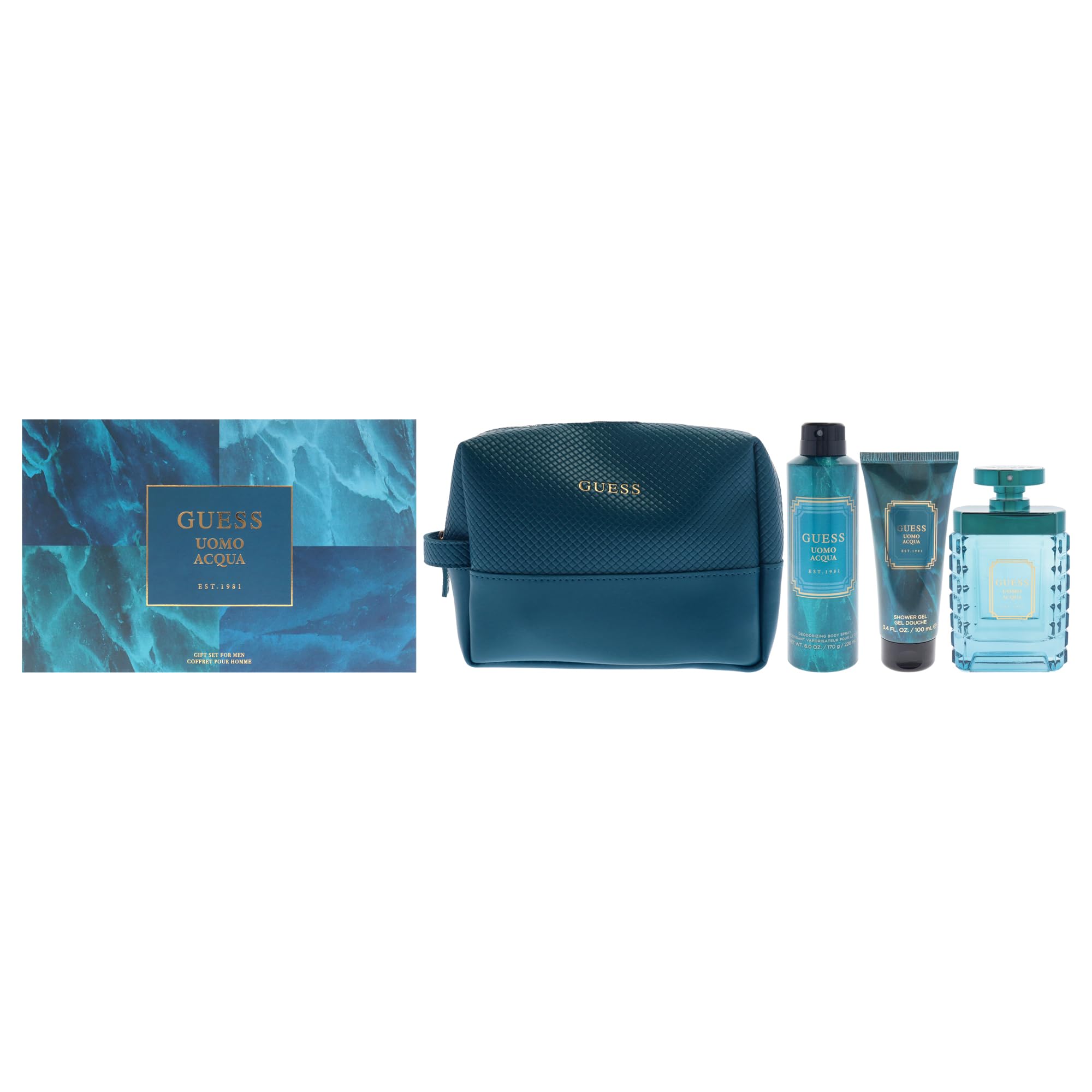 Guess Uomo Acqua by Guess for Men - 4 Pc Gift Set 3.4oz EDT Spray, 6oz Deodorizing Body Spray, 3.4oz Shower Gel, Pouch