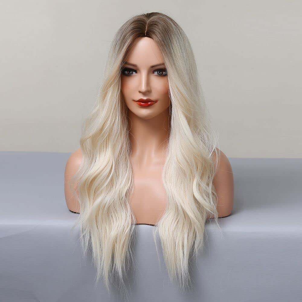 Jooler Blonde Wig, Platinum Blonde Wigs For Women, Long Ombre Blonde Wig With Dark Roots, Heat Resistant Fiber, Adjustable Cap,