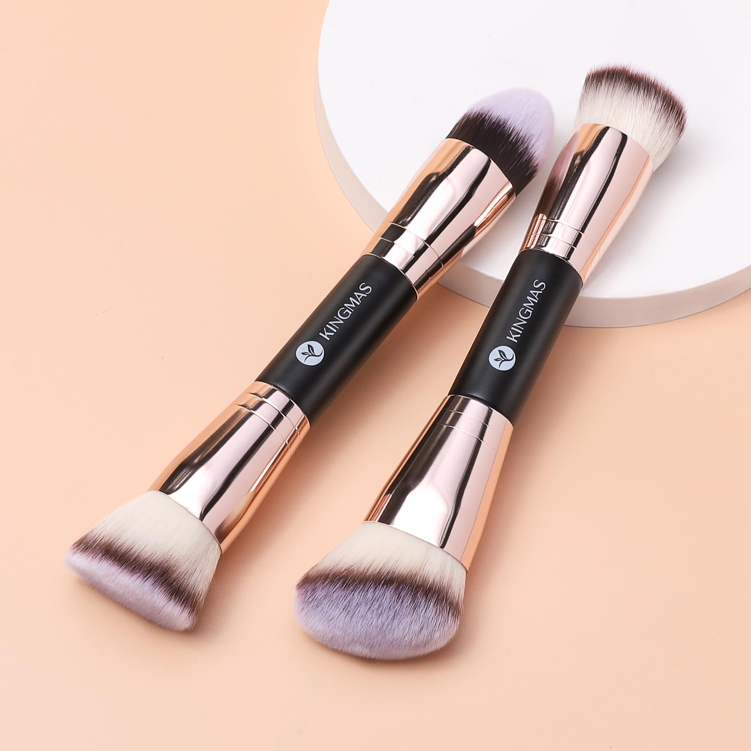Kingmas Foundation Makeup Brushes, 2Pcs Premium Double-Ended Makeup Brush (Flat/Angled/Angled Round/Tapered Top) For Buffing Liq
