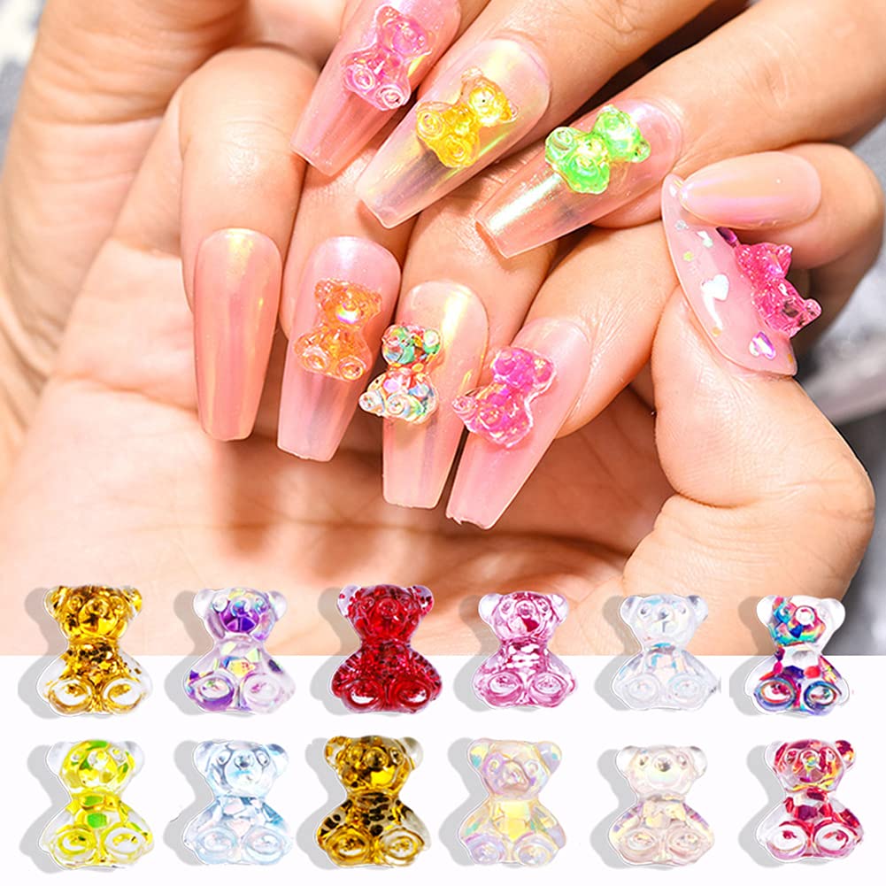 SUKPSY 50 Pcs 3D Mix Color Cute Bear Resin Nail Art Decorations Aurora Glitter Nail Charm Ornaments for Nail Art Design Manicure