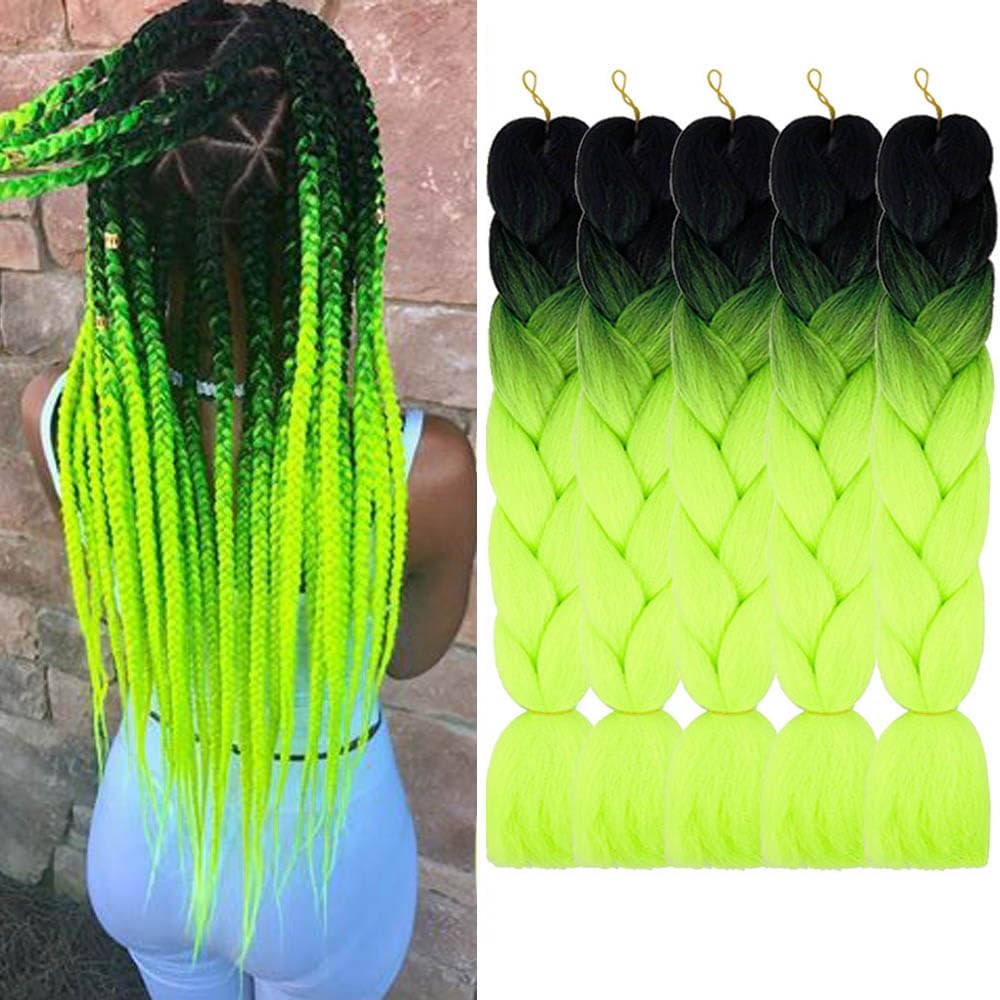 AIDUSA Ombre Braiding Hair Black to Neon Green 5Pcs Synthetic Afro Jumbo Braiding Hair Extensions 24 Inch 2 Tones for Women Twis