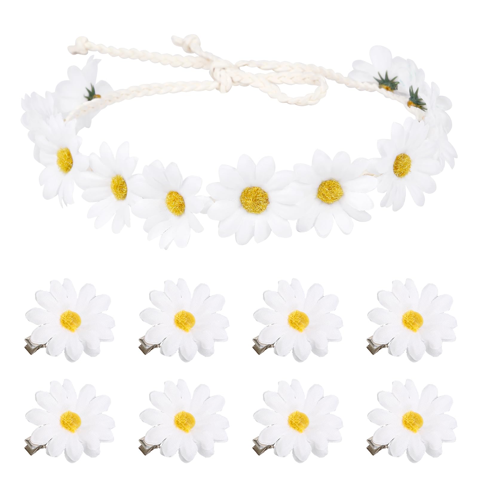 1PC Flower Crown Headband and 8PCS Daisy Hair Clips for Hair Hippie Sunflower Floral Headbands for Women Girls Small Flowers Hai