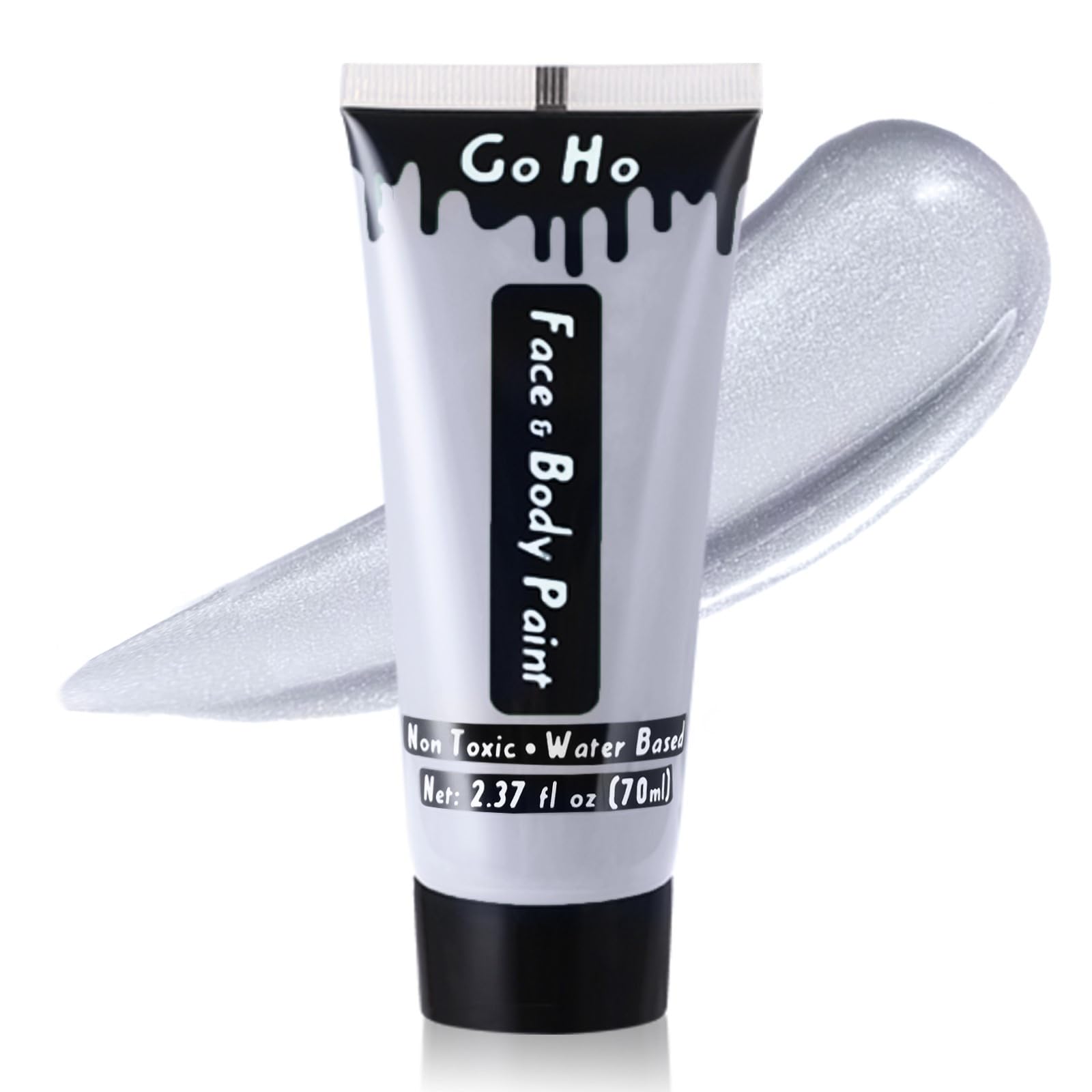 Go Ho Metallic Silver Body Paint Washable(2.37 Oz),Water Based Cream Silver Face Body Paint,Full Professional Silver Face Paint