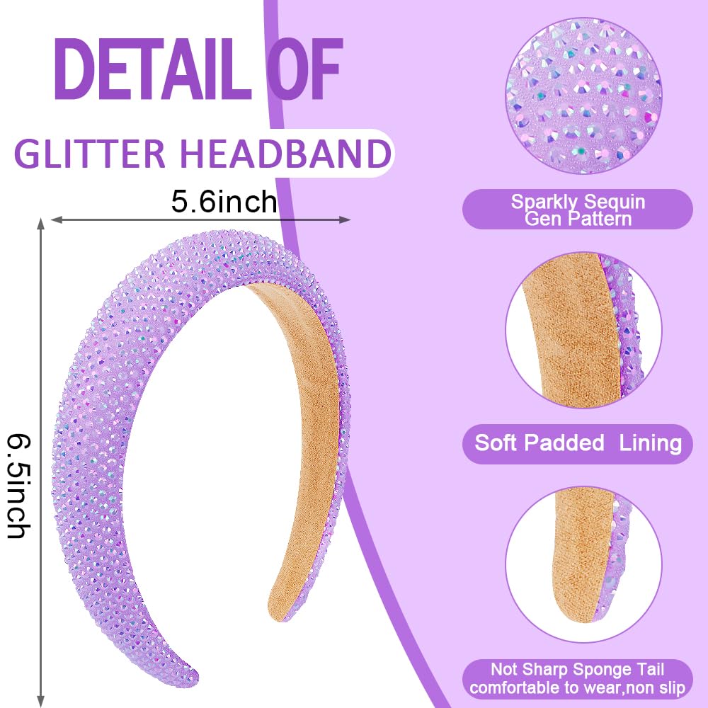 AHONEY Glitter Headbands Rhinestone Headband for Women Girls Padded Embellished Head Band Bling Sparkly Wide Headpieces Disco He