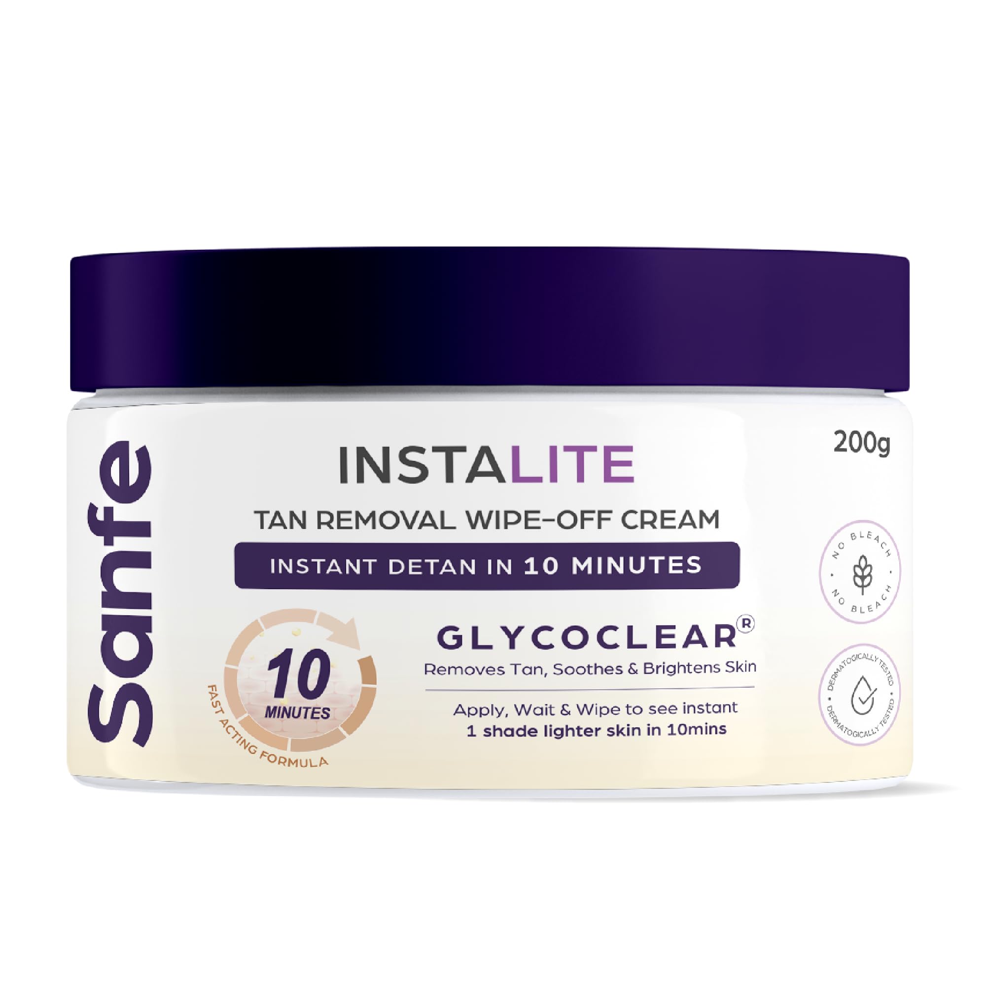 Sanfe Detan Cream Instalite Detan Wipe Off 200 Gm | With Glycoclear Technology | 1 Tone Brighter In 10 Mintues | For Legs, Arms,