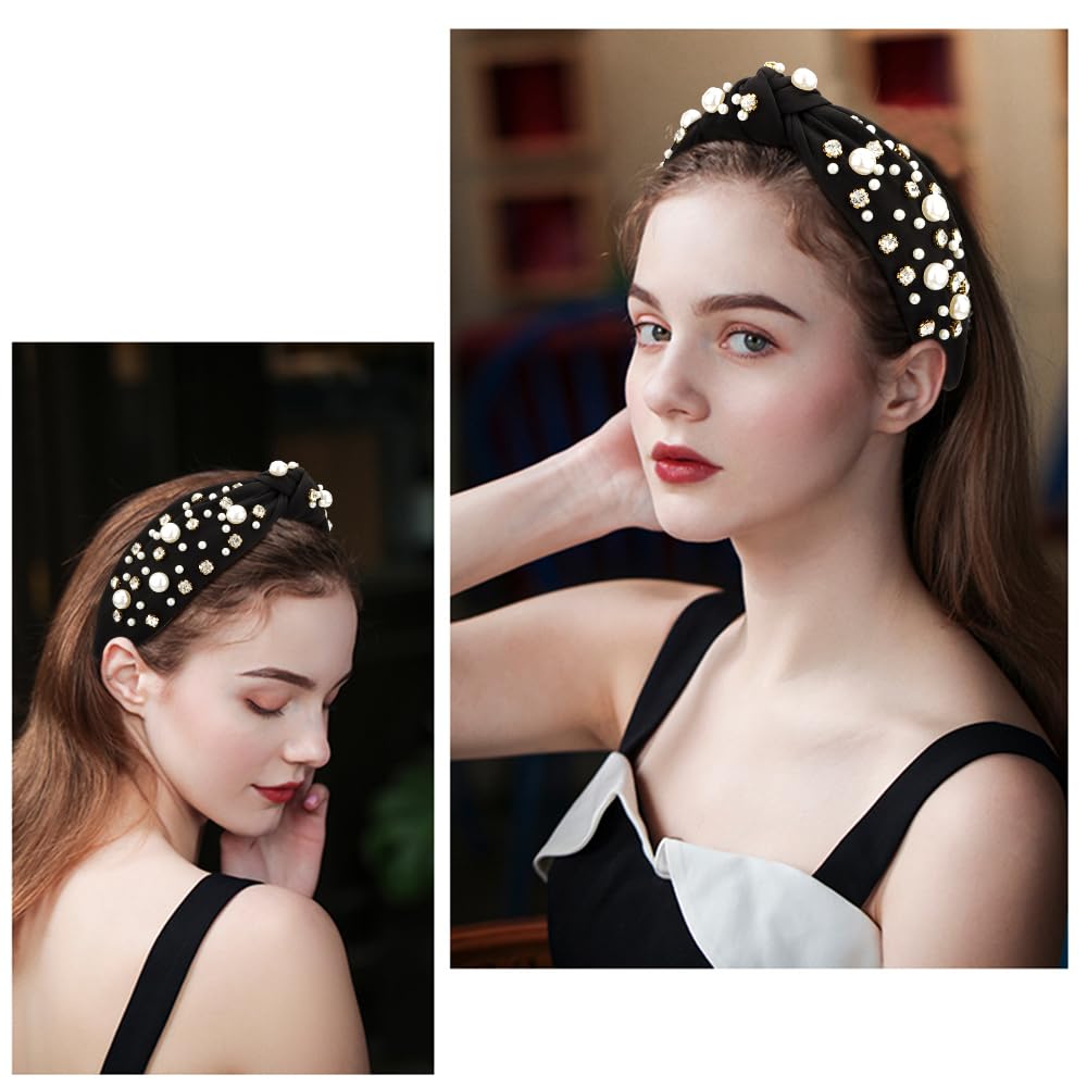 Atoden Black Wide Top Knot Headband With Pearl Rhinestone For Women'S Hair Embellished Headbands Non Slip Sparkly Hair Bands Fas