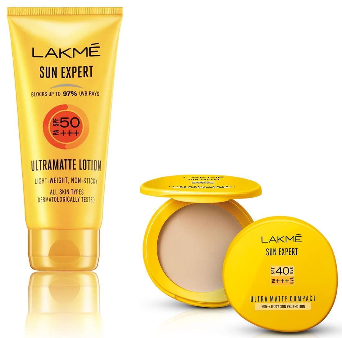 LAKM Sun Expert SPF 50 PA+++ Ultra Matte Lotion for All Skin types, 50 ml And Sun Expert Ultra Matte SPF 40 PA+++ Compact, 7g