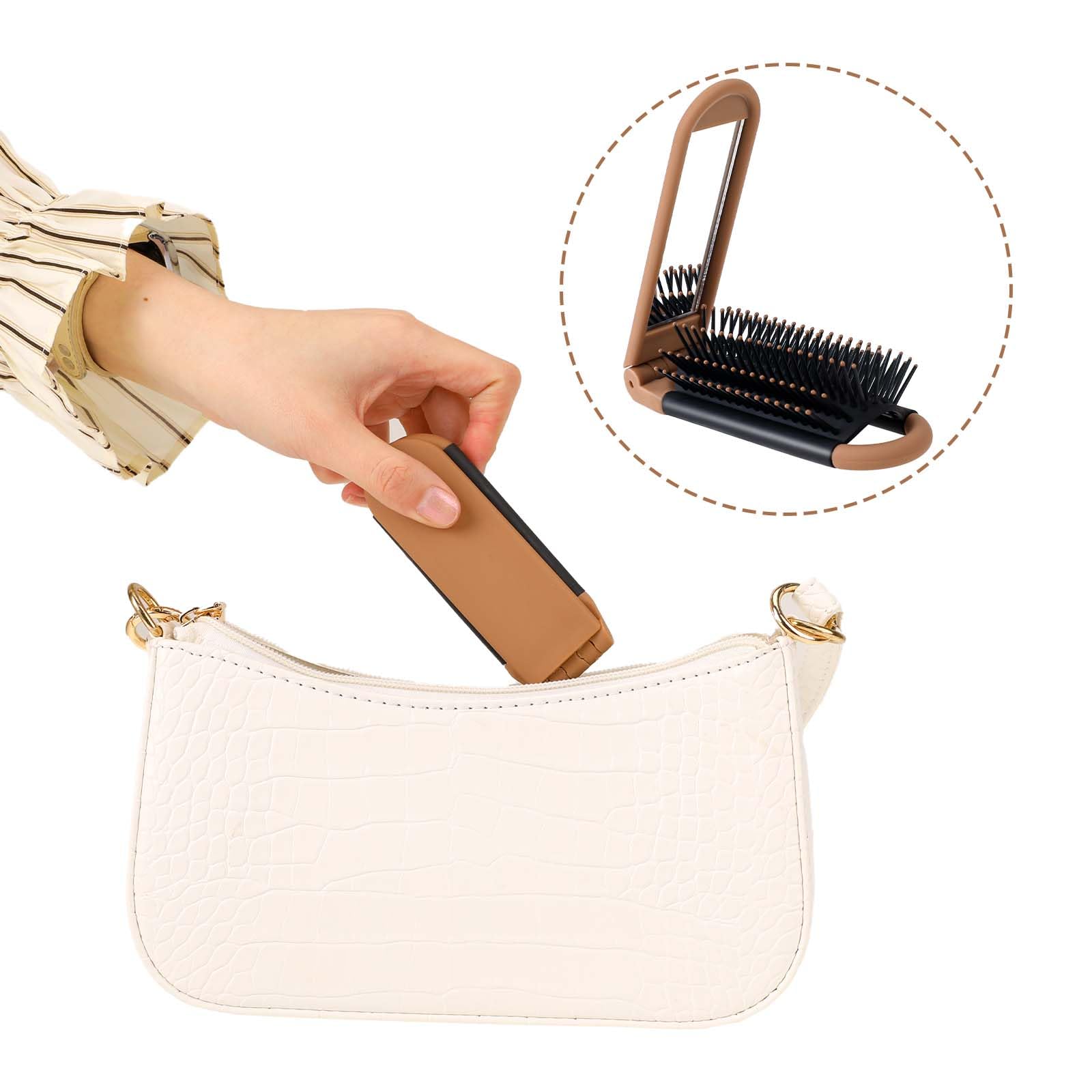 Mozeat Lens Travel Hair Brush, Compact Folding Hair Brush With Mirror, Portable Hair Comb For Gym, Trip, Purse, Swimming (Brown)