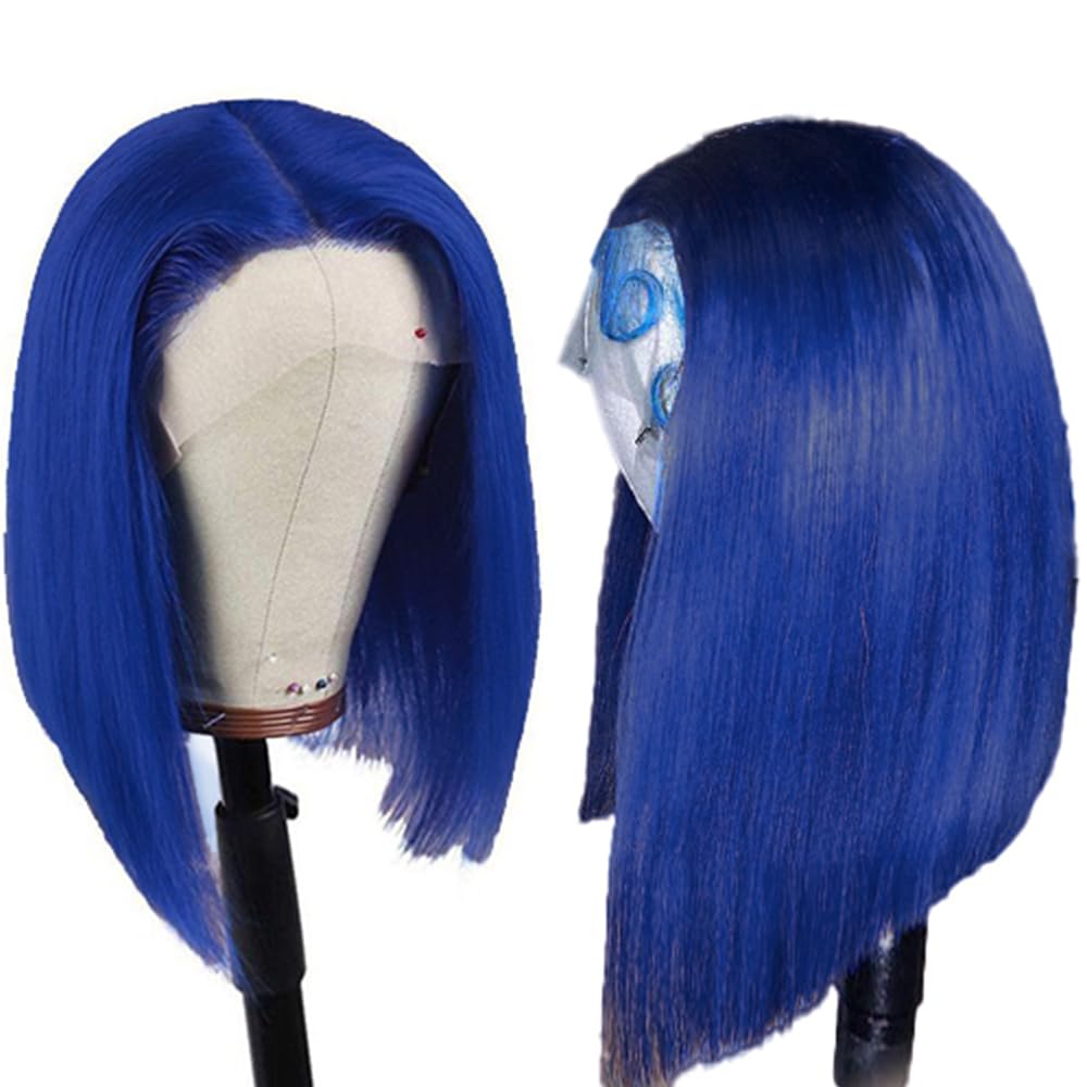 Cheap HD Transparent Pre Plucked Blunt Cut Blue Bob Wig Human Hair Lace Front Wigs With Baby Hair Natural Hairline 100% Unproces