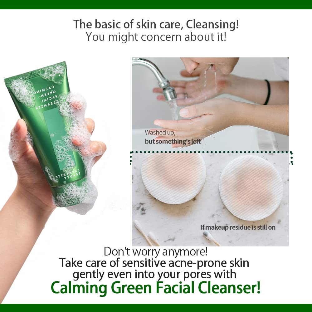 lapalette beauty Calming Green Facial Cleanser. BHA, Mild Cleansing Foam, 120ml / 4.05 fl. oz. / Hydration, Soothing, Cruelty-Fr