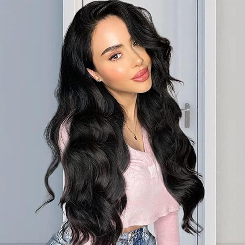 TOZIKA Long Black Wig for Women Wavy Wig Body Wave Lace Front Wig 26 Inch Middle Part Black Wigs Natural Looking Synthetic Heat 