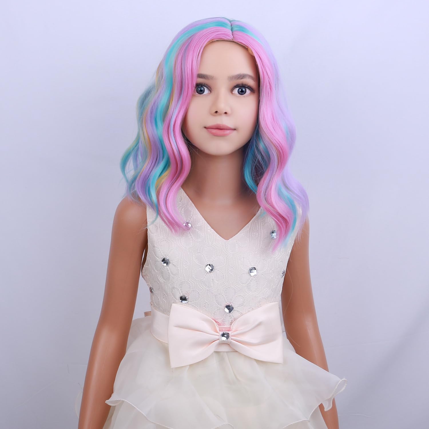 Pattnium Rainbow Wig Kids Child Wig Short Wavy Wig Rainbow Wig Multicolor Wig Girls Synthetic Wig Cosplay Halloween Party Costum