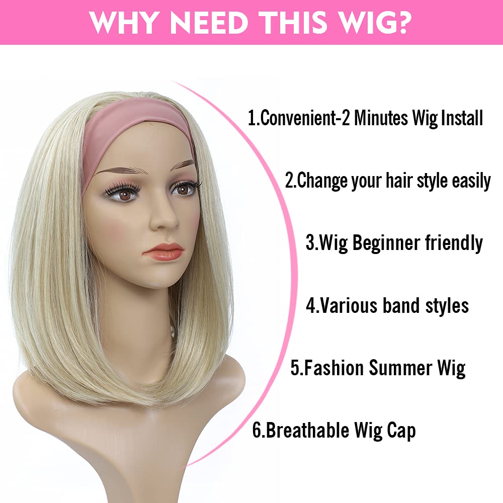 Headband Wigs For Black And White Women Blonde Wig Glueless Synthetic Short Bob Cosplay Wig 180% Density None Lace Front Wigs Fo
