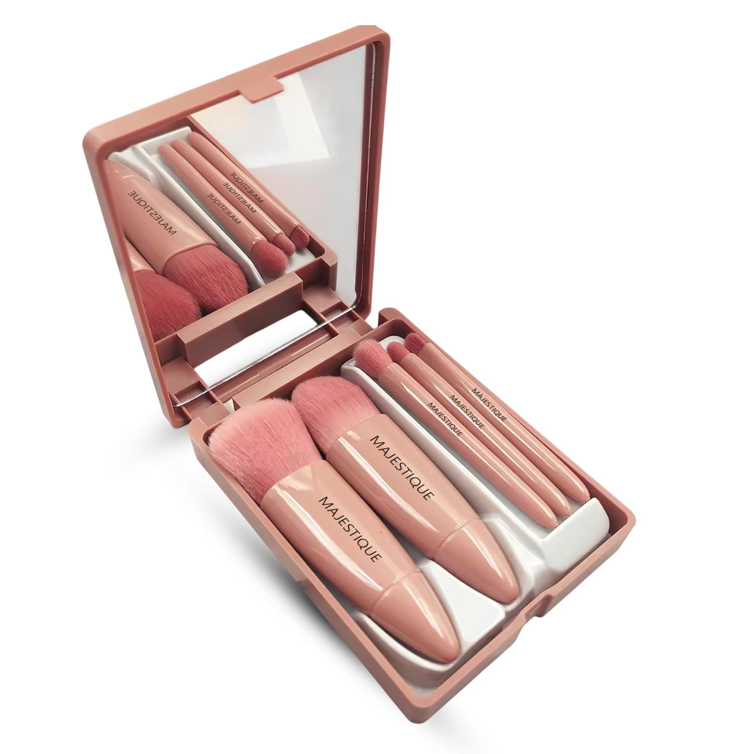 Majestique Mini Travel Makeup Brush Kit  5Pcs Portable Soft Bristles Brushes With Mirror | PocketSize Makeup Set For Quick Tou