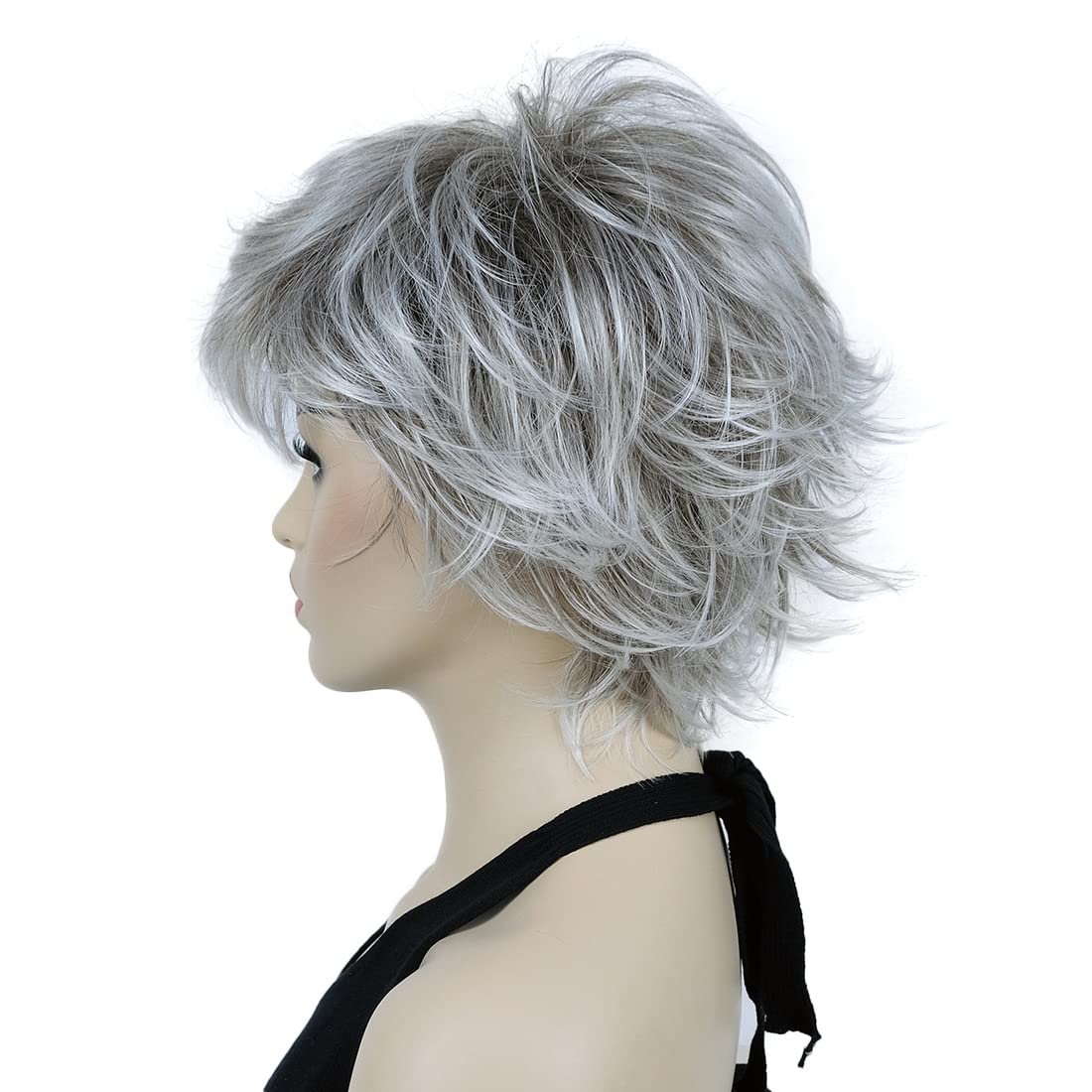Lydell 8 Short Layered Shaggy Wavy Full Synthetic Wigs (48T Light Gray with Dark Root)