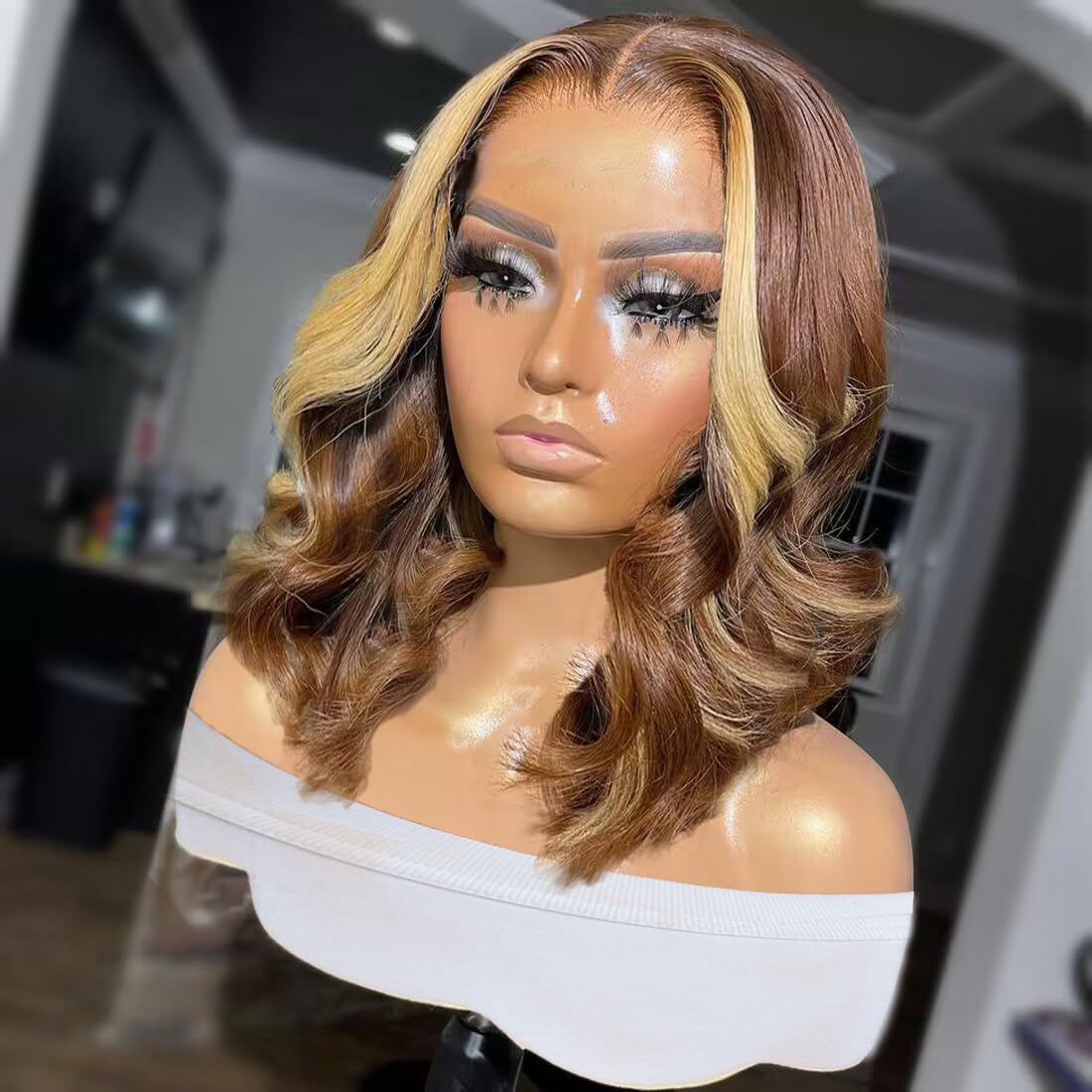 Brown With Blonde Highlight Bob Body Wave Lace Front Wigs Human Hair 13X4 Hd 180% Density Glueless Bob Wig Human Hair Pre Plucke