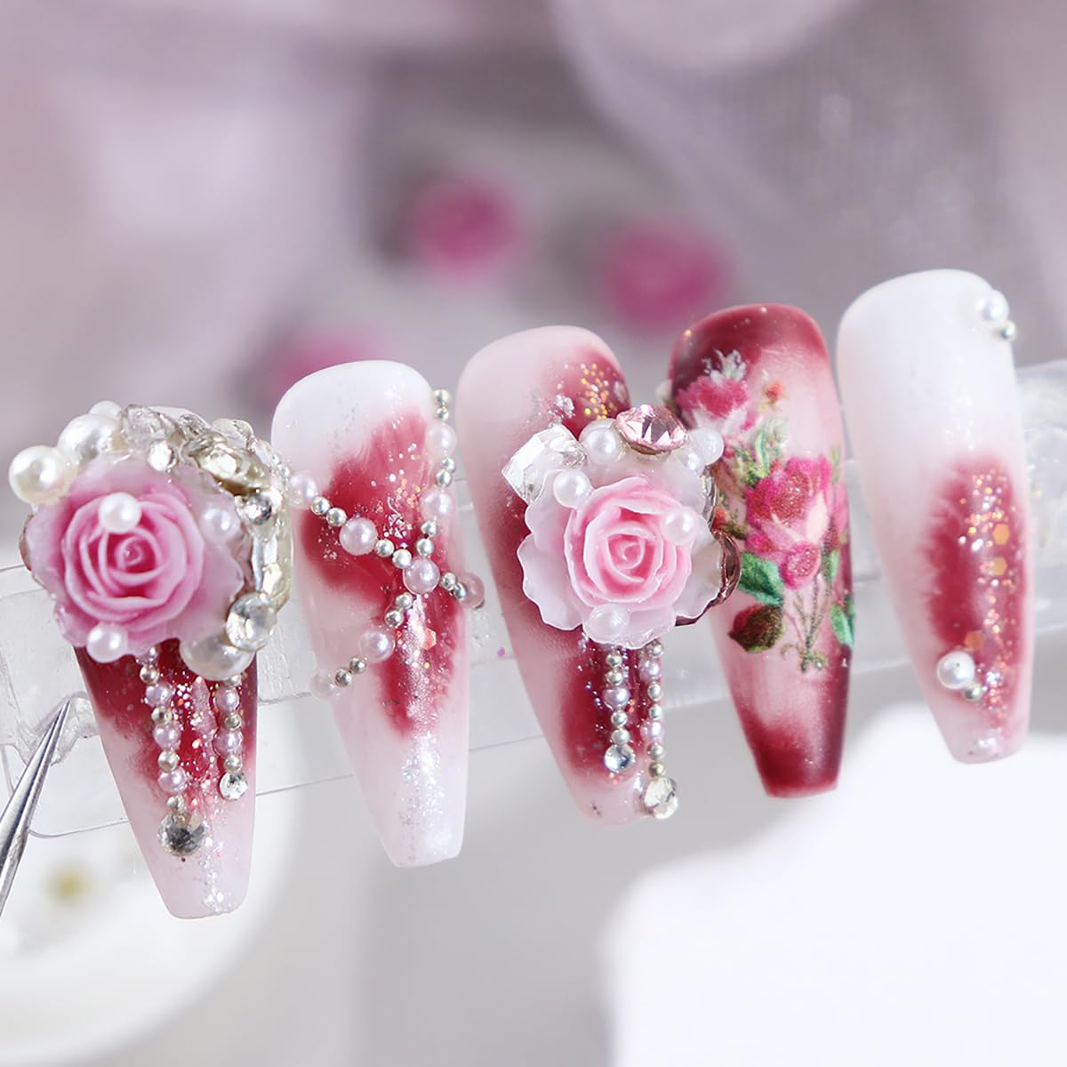 Valentine 3D Rose Flower Nail Art Charms, Pink Rose Flowers Nail Ornaments Sparkle Nail Art Rhinestones Diamond Mix White Pearls