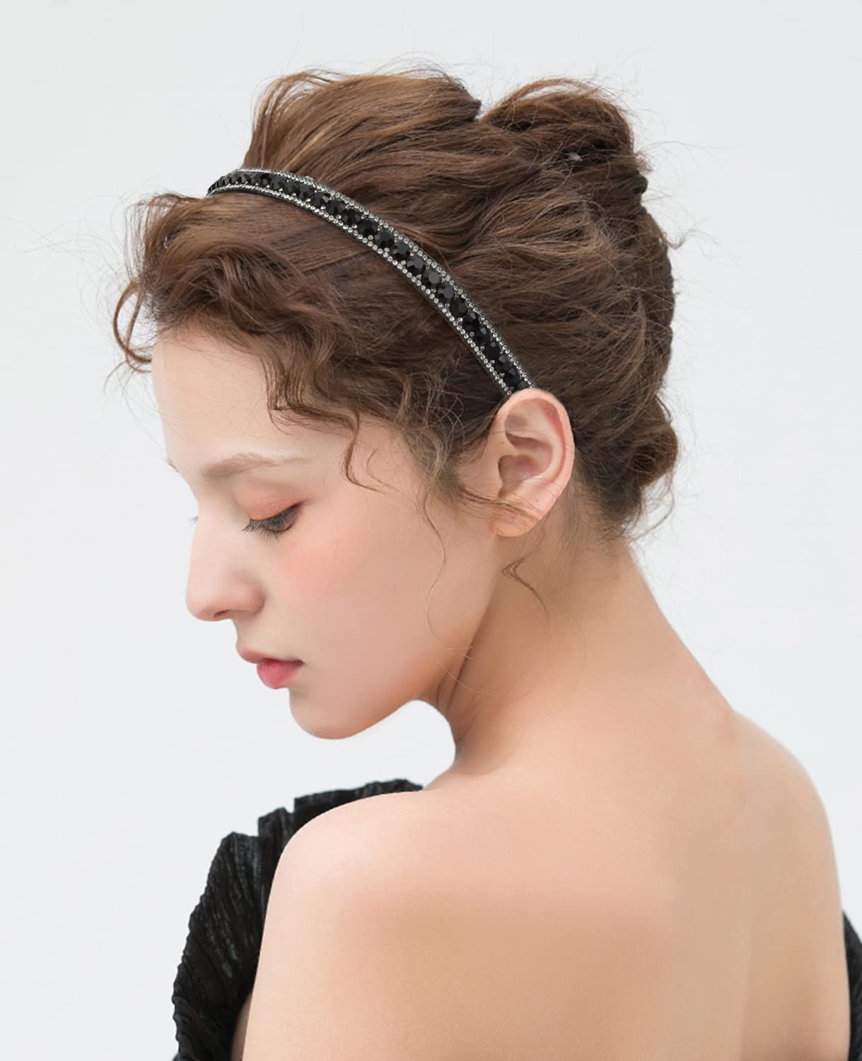 Wecoe Rhinestone Headband - Black Narrow Bling Sparkly Diamond Skinny Hair Band, Fashion Birthday Holiday Accessory For Women Gi