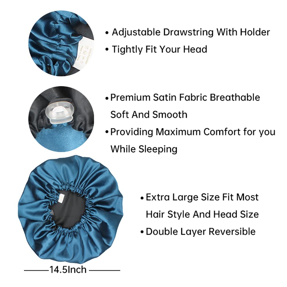 Satin Sleep Cap, Adjustable Satin Cap, Silk Bonnet, Reusable Bath Hair Cap For Night Sleeping Reversible Double Layer 2 Pack (De