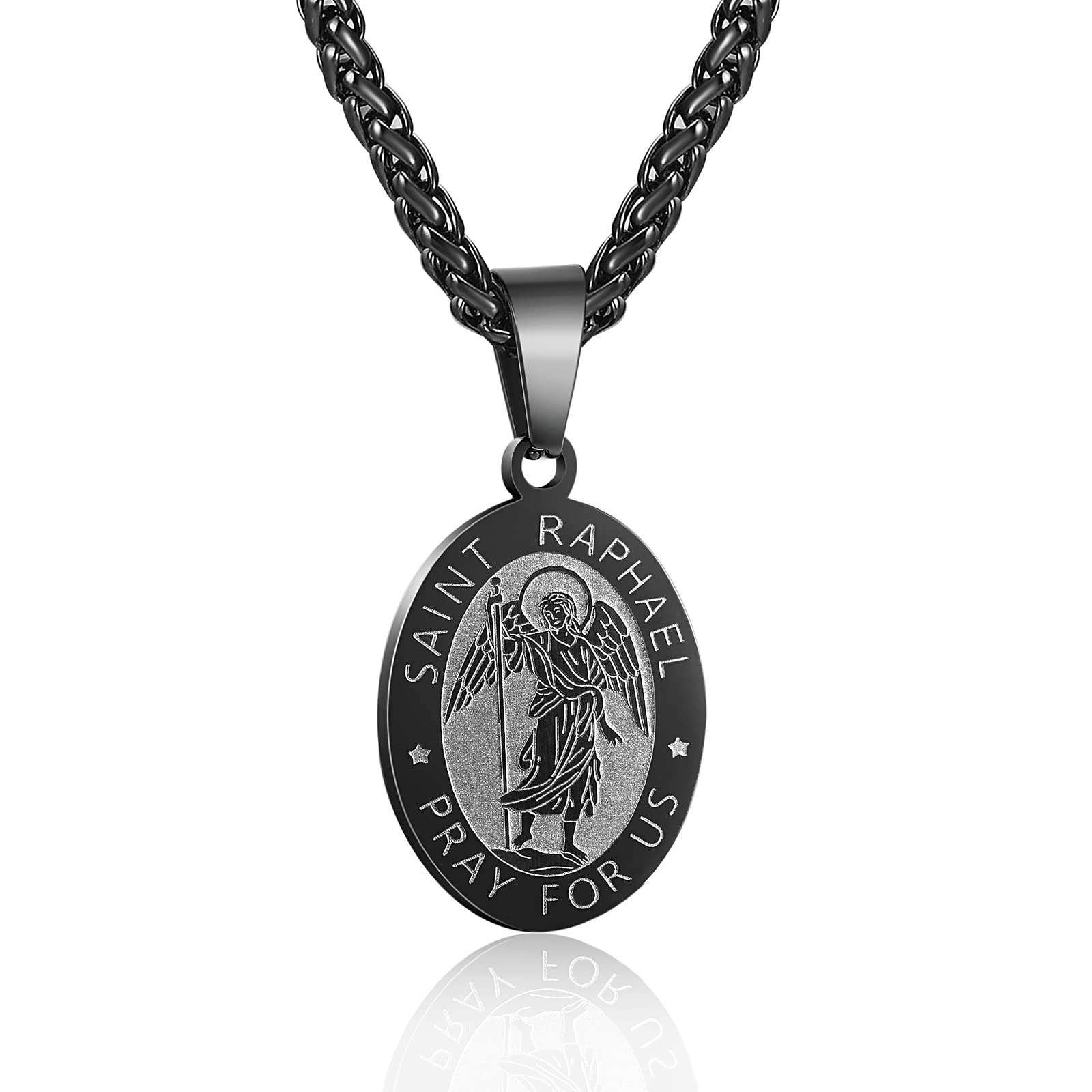 P. BLAKE Black St.Raphael Pendant Necklace for Men Stainless Steel Catholic Saint Raphael Archangel Medal with Chain 24 Inches