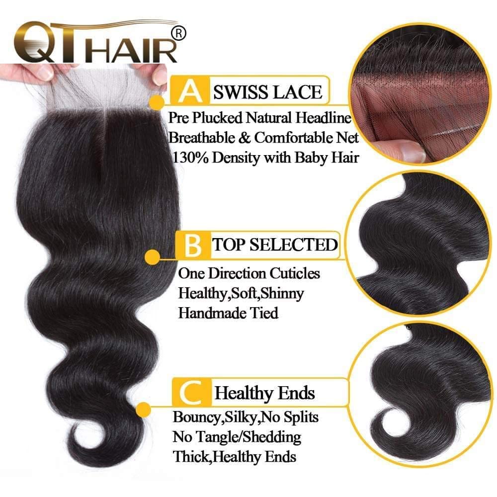 QTHAIR 14A Brazilian Body Wave Bundles with Closure (12 14+10inch) Brazilian Virgin Human Hair Body Wave Bundles with 4x4 Lace C