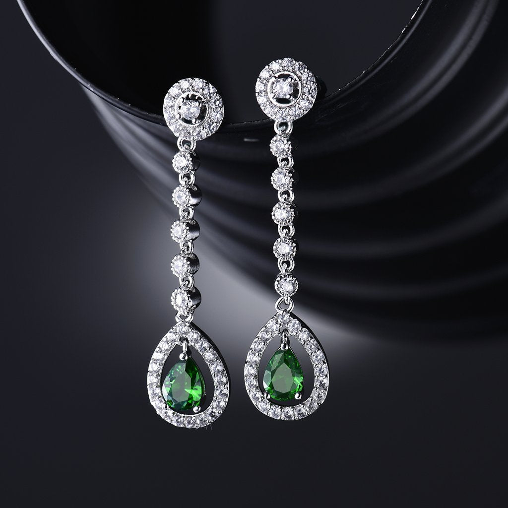 GULICX AAA Cubic Zirconia Women's Party Silver Tone Emerald-Color Jewelry Set Earrings Pendant Necklace