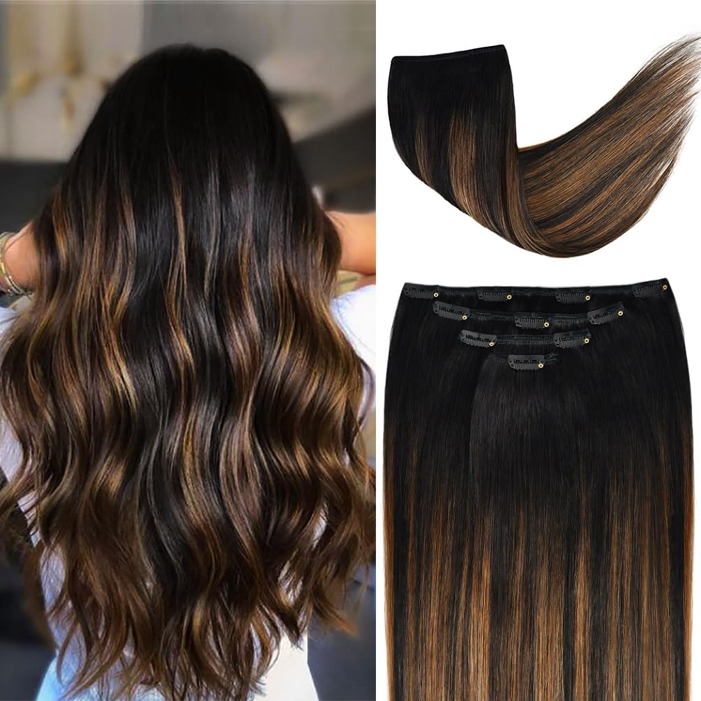 12'' Clip in Hair Extensions Remy Human Hair for Women - Silky Straight Black Balayage Clip on Real Hair Extensions 50grams 4pie