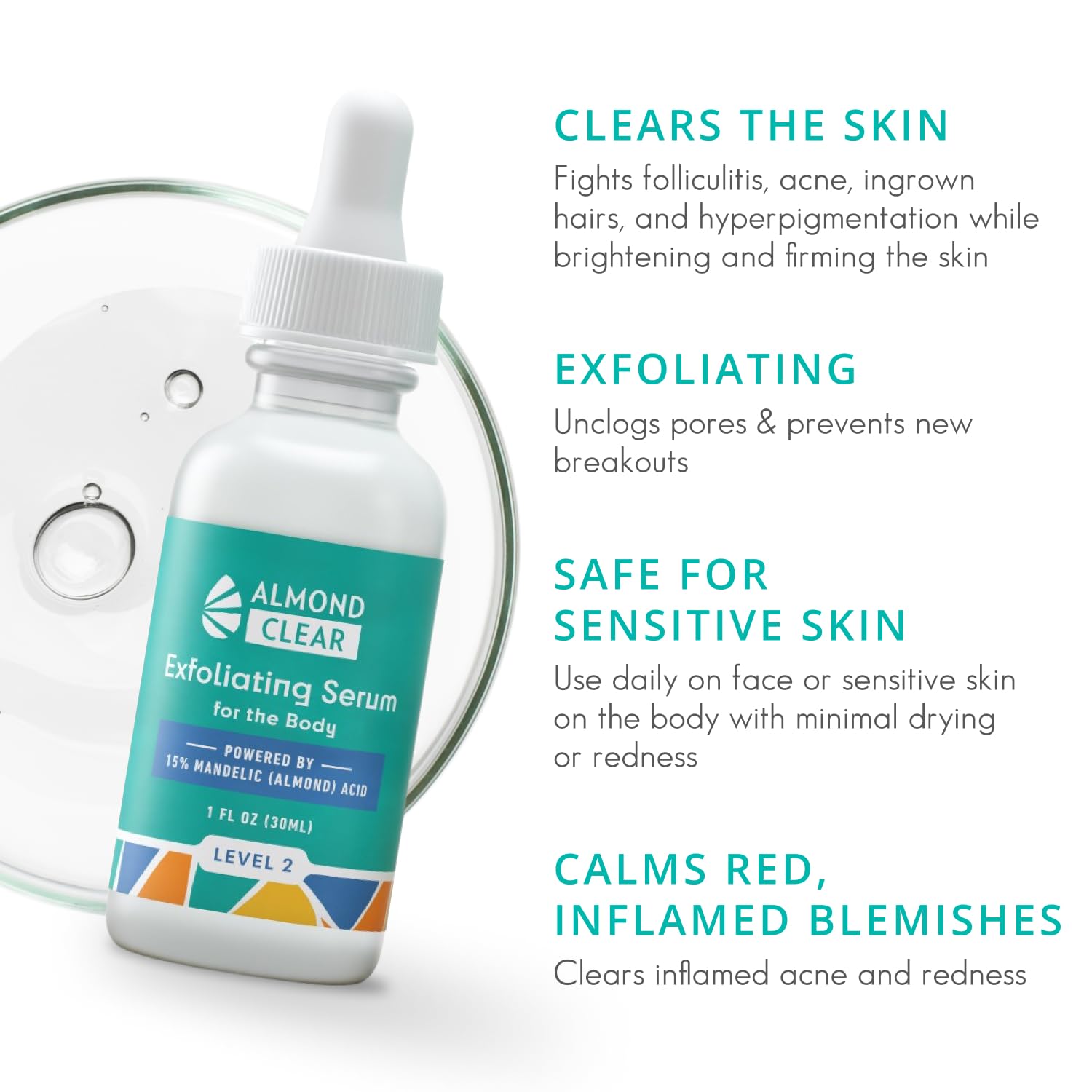 Almond Clear Level 2 Serum | Mandelic Acid Body Serum for Acne, Folliculitis, Aging Skin, Ingrown Hairs, Dark Spots on Face, Che