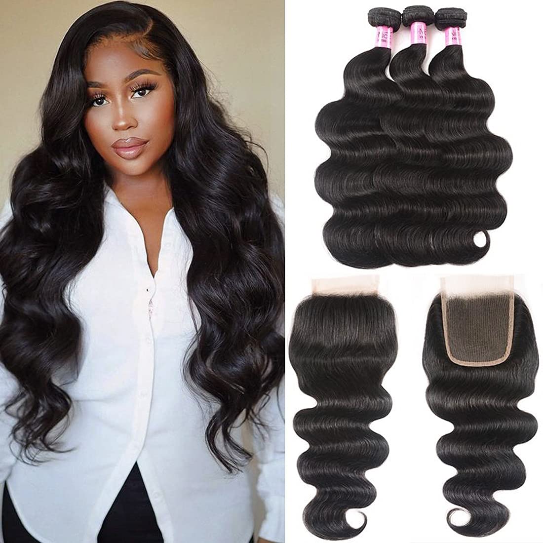 Unice Hair Brazilian Body Wave 3 Bundles with Free Part Lace Closure Unprocessed Virgin Human Hair Weave Extensions (20 22 24+18