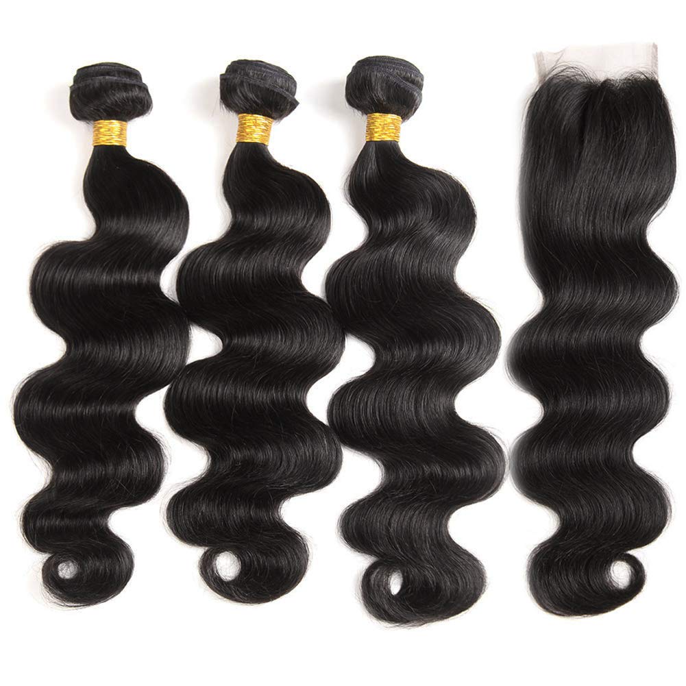 Kapelli Hair Brazilian Virgin Hair Body Wave 3 Bundles With Closure (20 22 24+20'') 10A Brazilian Remy Human Hair Bundles With C