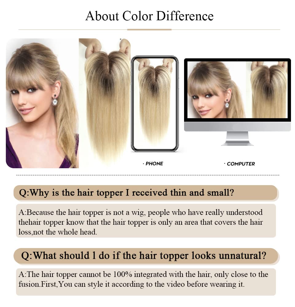 HAIRCUBE Human Hair Toppers For Women, 100% Remy Human Hair Topper With Bangs, 150% Density Silk Base Clip In Topper 14 inch 40g
