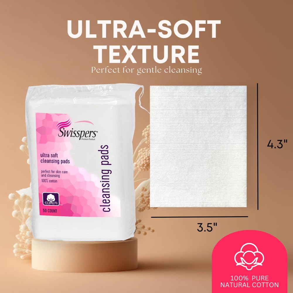 Swisspers Premium Facial Cleansing Pad, 100% Cotton, Ultra Soft, Extra Large, 50 White Pads Per Reclosable Bag, 6 Bags (300 Pads