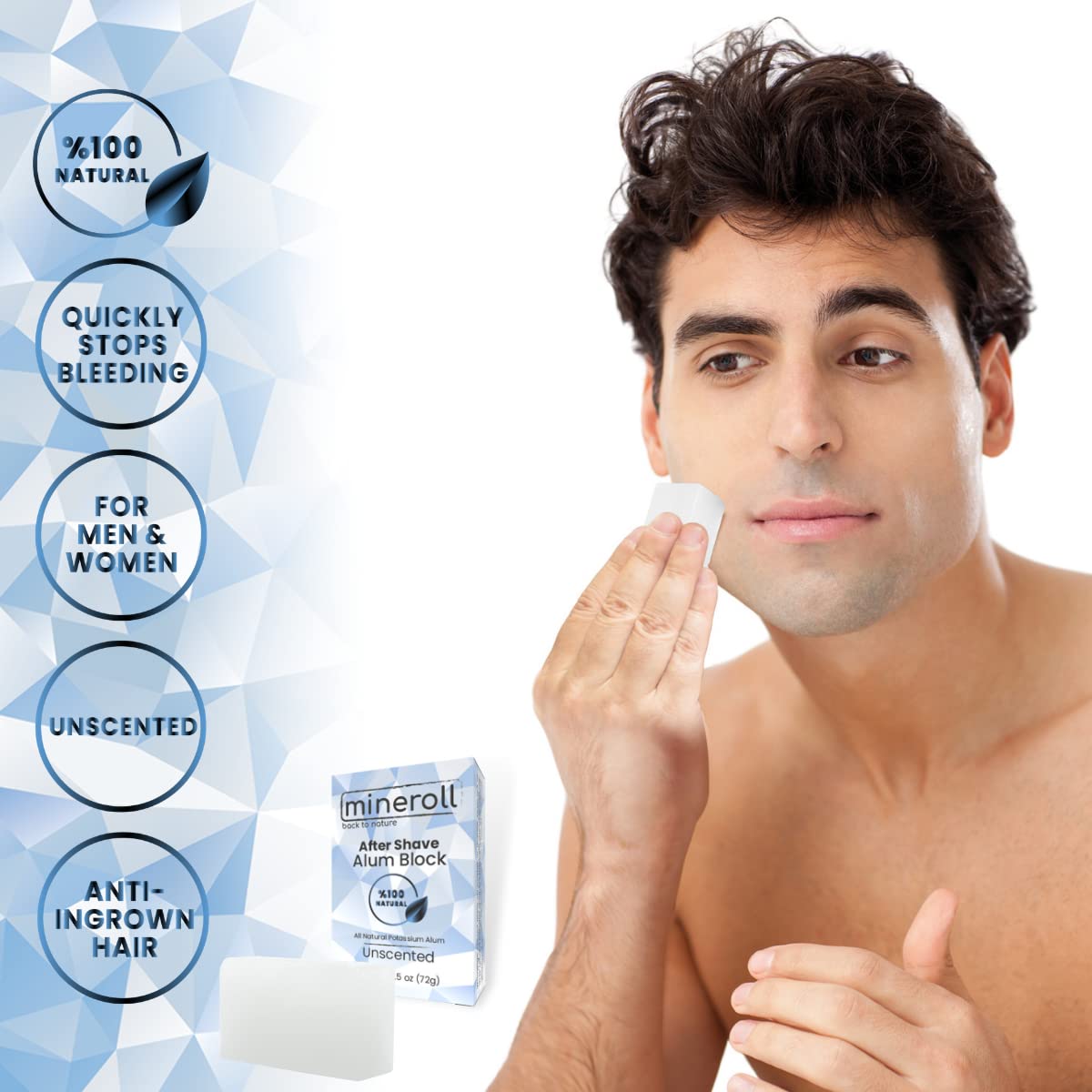 MINEROLL After Shave Alum Block, All Natural Potassium Alum, For Women and Men, Alum Stone, Styptic Skin Soothing, Anti-Ingrown