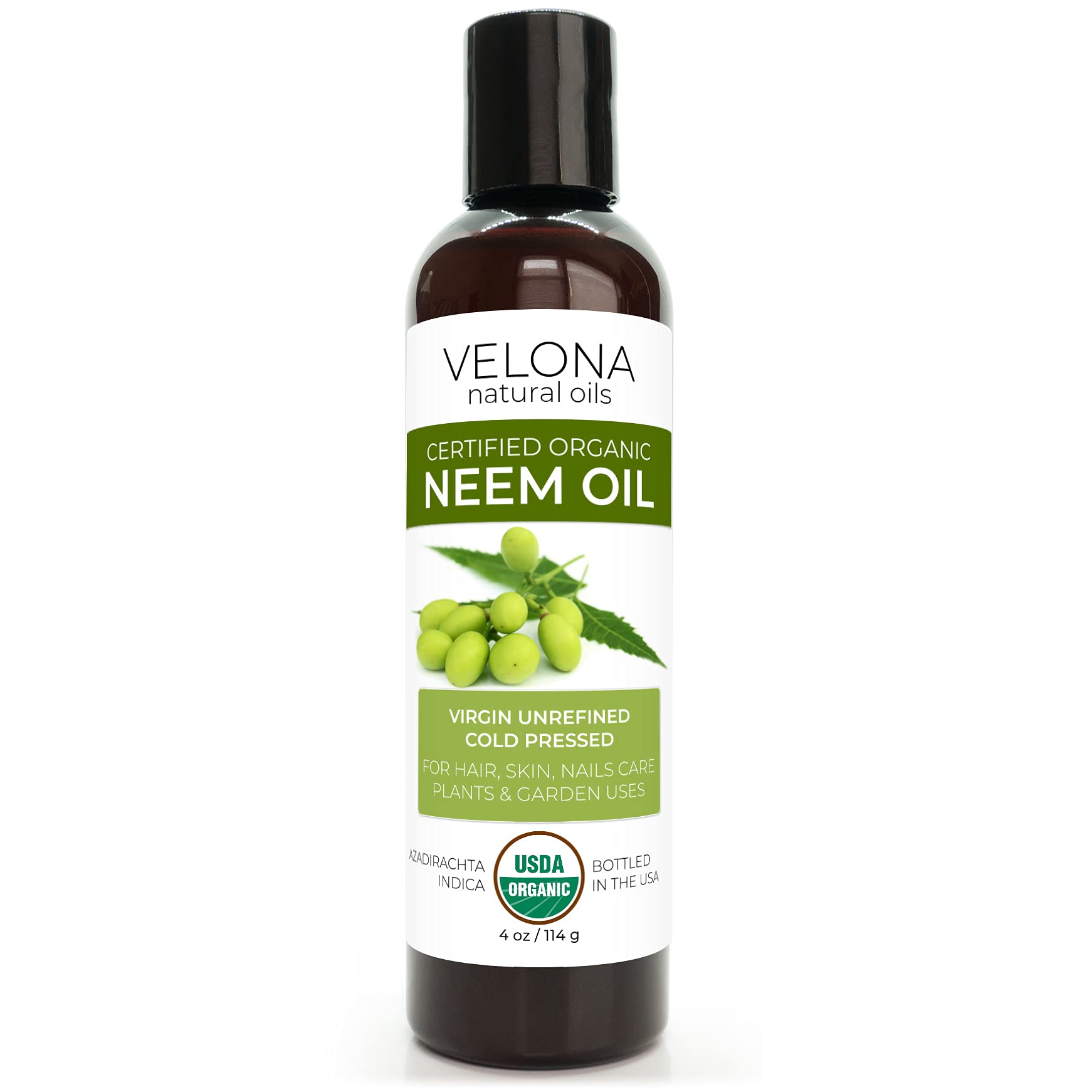 velona Neem Oil USDA certified Organic - 4 oz  100% Pure and Natural carrier Oil  Virgin, Unrefined, cold Pressed  Hair, Body an